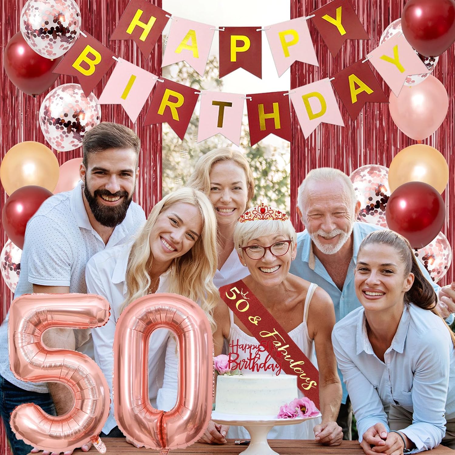 Trgowaul 50th Birthday Decorations for Women, Burgundy Red Rose Gold 50th Birthday Party Supplies, Banner, Sash and Crown, Cake Topper, 50 Number Balloon, Fringe Curtains, 50 Year Old Decoration Set - Image 6