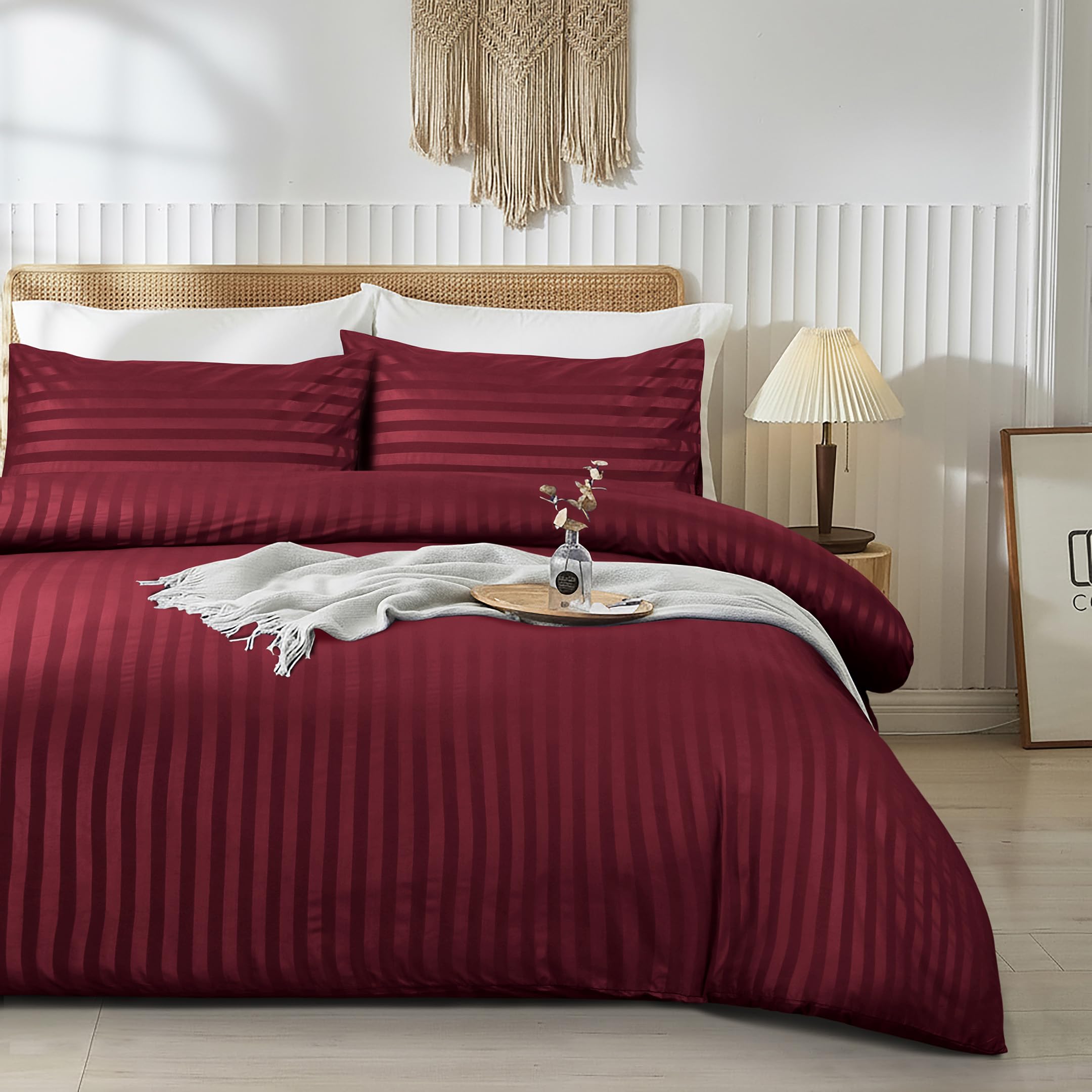 JEB TIFL Premium Hotel Quality Satin Stripe Duvet Cover Set - Quilt Cover Bedding Sets with Pillowcases - Soft Microfiber Quilt Bedding, Hypoallergenic Button Closure Bed Covers (Burgundy, Double)