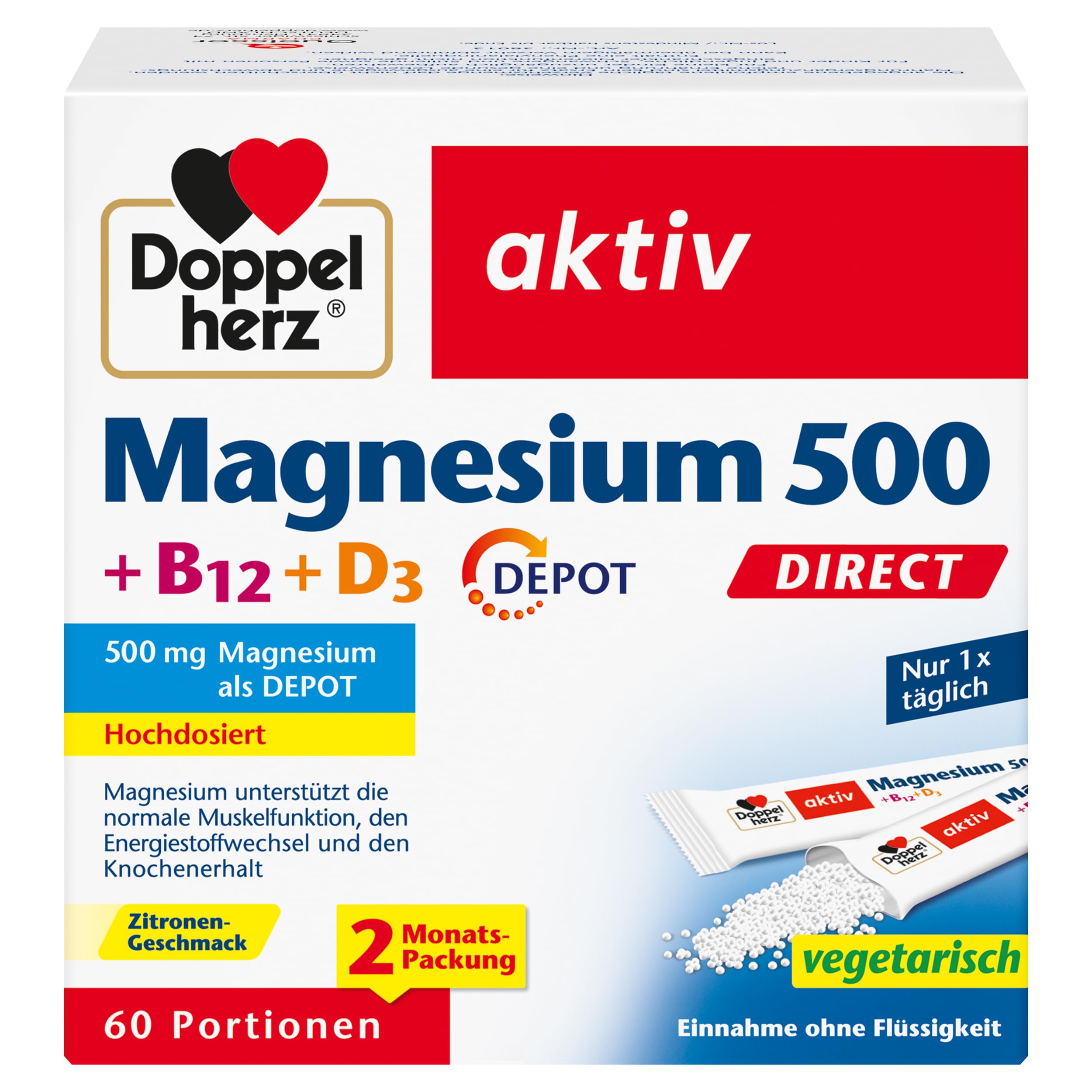 Doppelherz Magnesium 500 + B12 + D3 DIRECT mit DEPOT-Funktion - Magnesium als Beitrag für die normale Funktion der Muskeln und des Nervensystems - 60 Portionen Micro-Pellets mit Zitronen-Geschmack