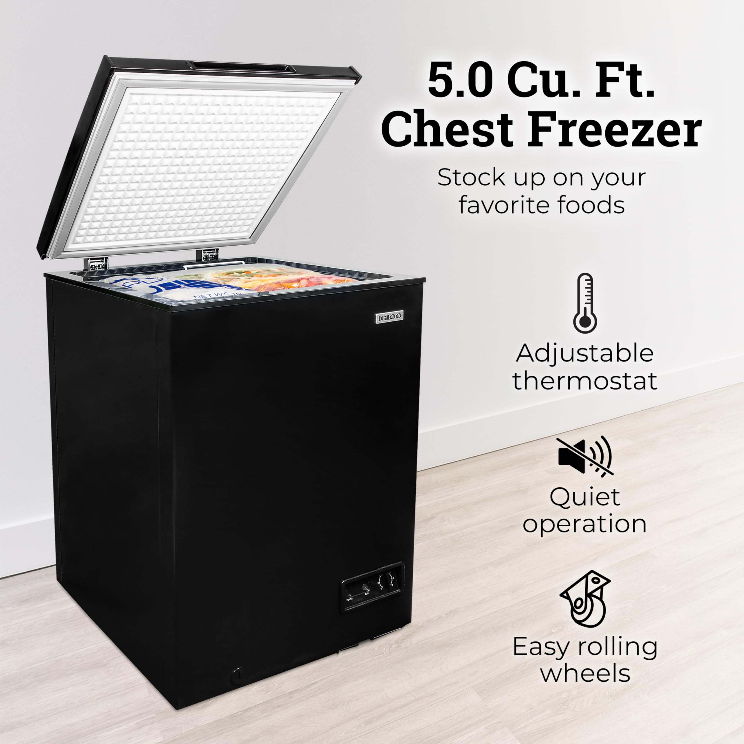 Igloo 3.5 Cu Ft. Upright Deep Freezer Chest- Deep Freezer With Quick Freezing System & Adjustable Thermostat- Low Noise Freezer With Removable Basket & LED Lights For Homes, Garages & Basements- Black on Fridge.com - View 2