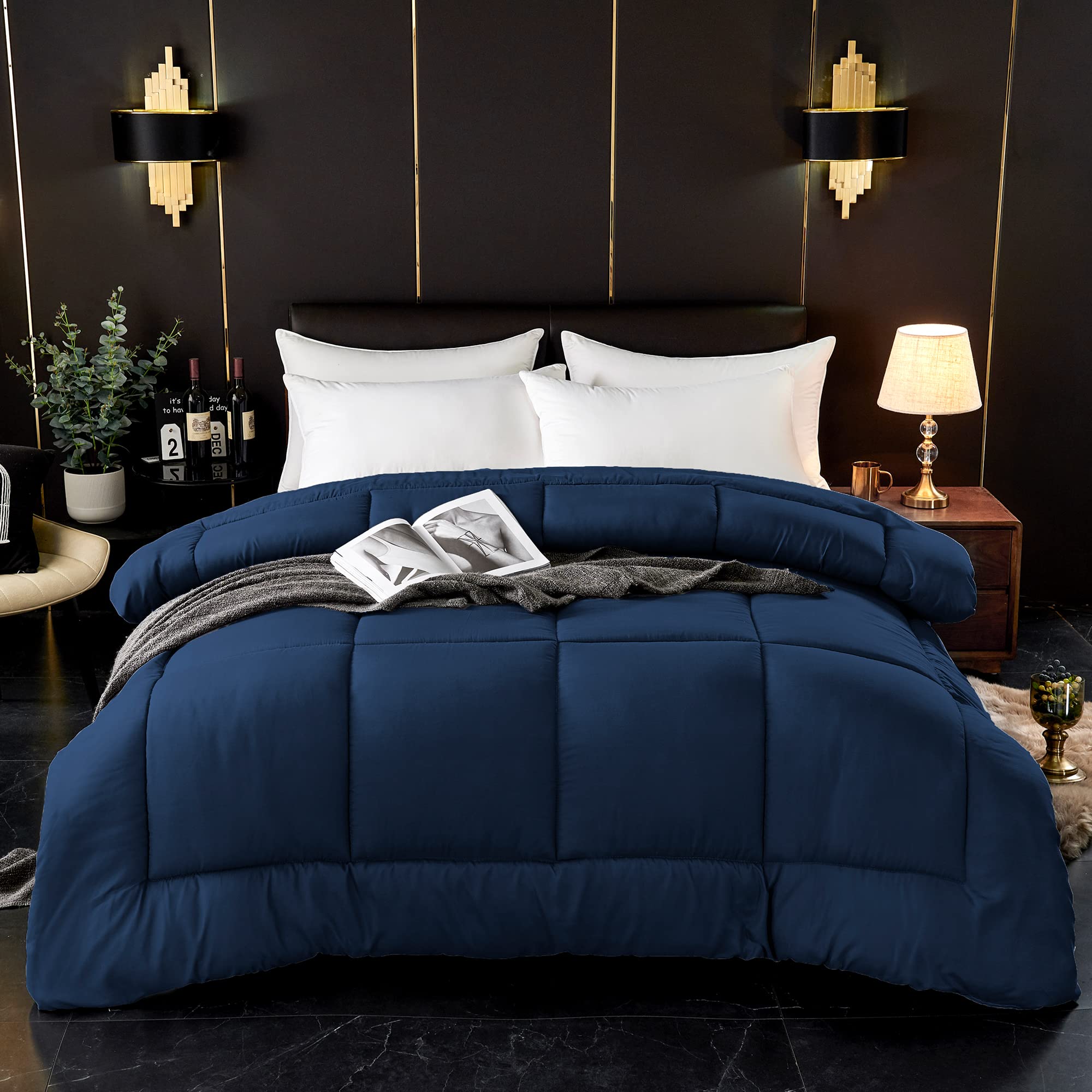 Super King Duvet – Plain Quilt Comforter Bedspreads, Coverlets & Sets, 2 Pillowcases Warm and Anti Allergy All Season Coverless Duvet, Throws For Bed.(Super King (220x260cm), Navy Blue)