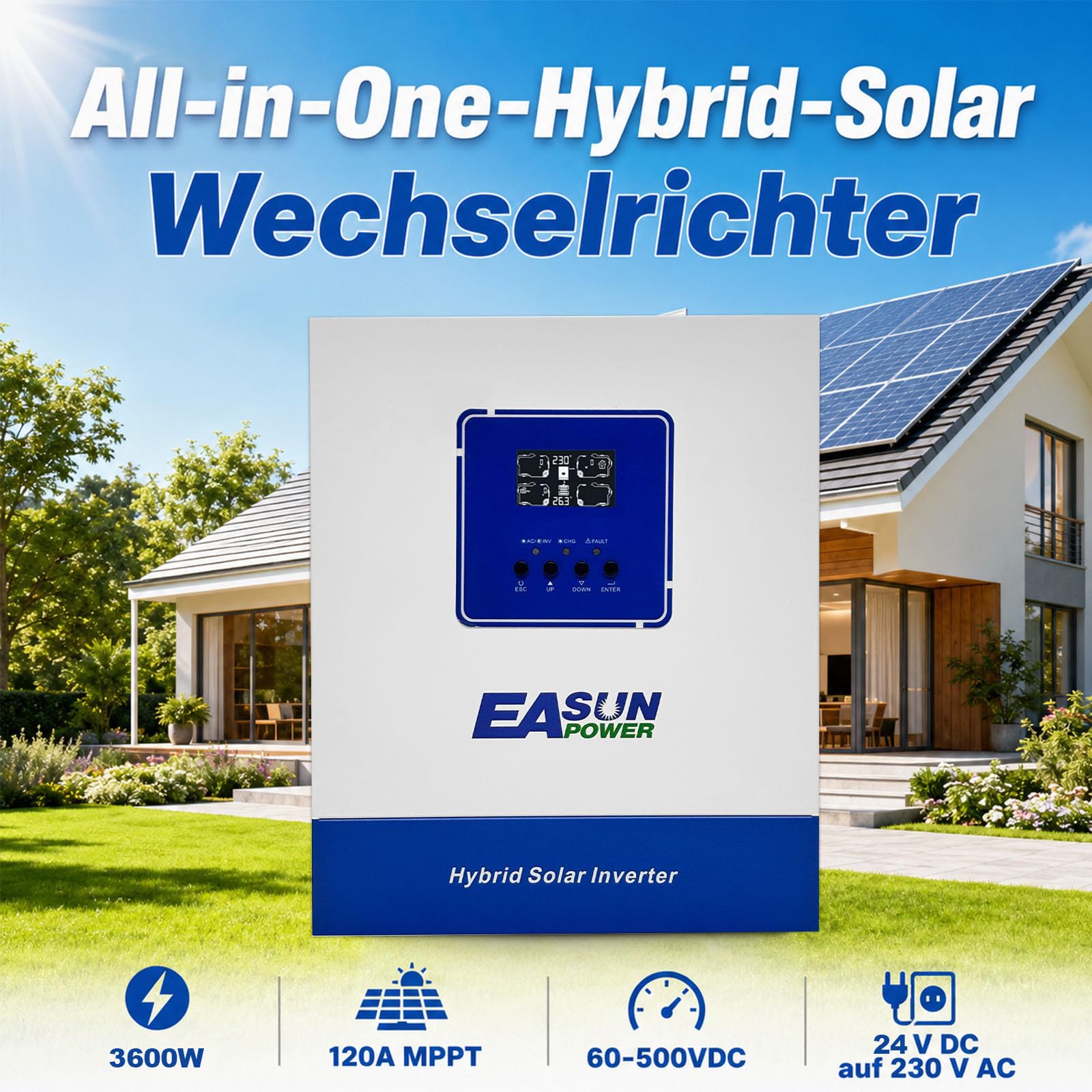 Onduleur hybride 3600 W avec MPPT 120 A, 24 V CC vers 230 V AC, sinusoïdal pur, PV 60-500 V, hors réseau, module Wi-Fi, pour batteries AGM et gel