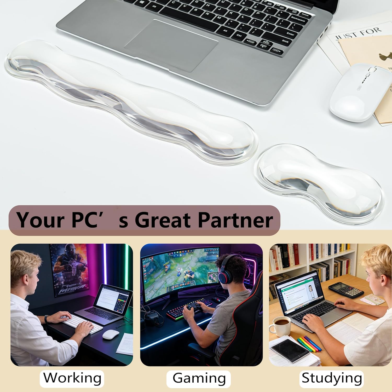 Gel Wrist Rest for Keyboard and Mouse - White Soft Ergonomic Silicone Wrist Rest, Clear Cute Desk Accessories for Gaming, Computer, Laptop