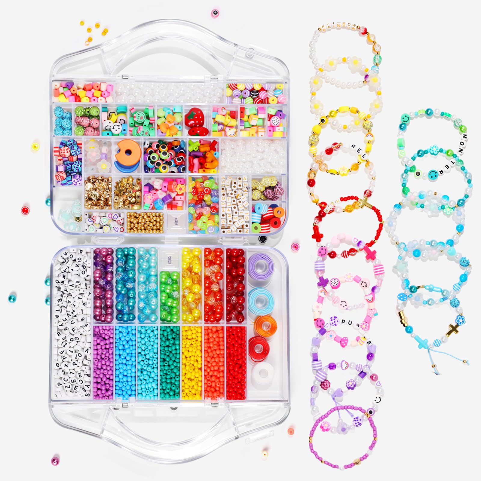 Kit per la creazione di braccialetti con oltre 2000 perline (50 tipi) – Pony, Kandi, argilla polimerica, faccina sorridente e lettere perline per la creazione di gioielli, set fai da te con