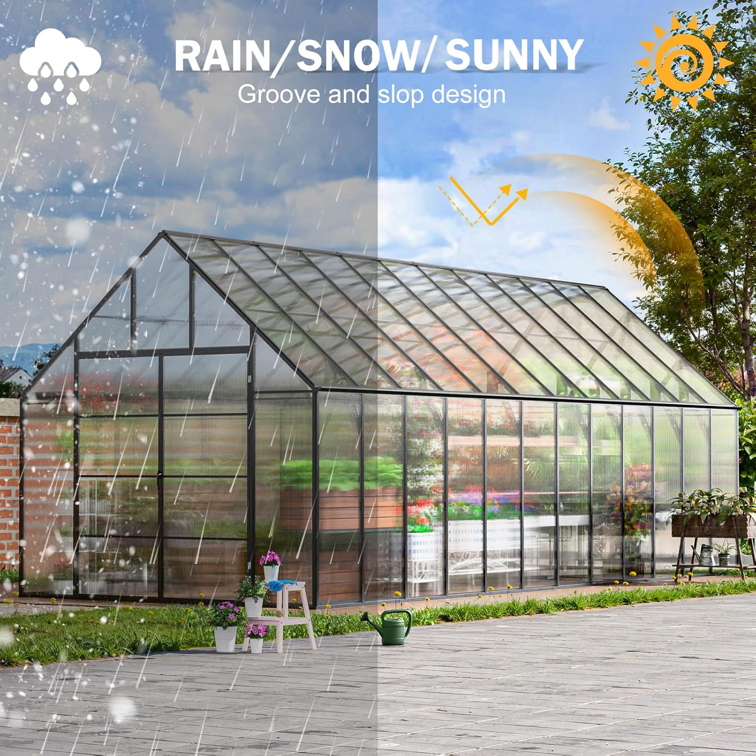 CDCASA 10x24x10 FT Greenhouse for Outdoors, Large Easy Assembly Thicker Aluminum Polycarbonate Greenhouses w/5 Windows, Swing Door Walk-in Green House for Outside,Backyard,Garden