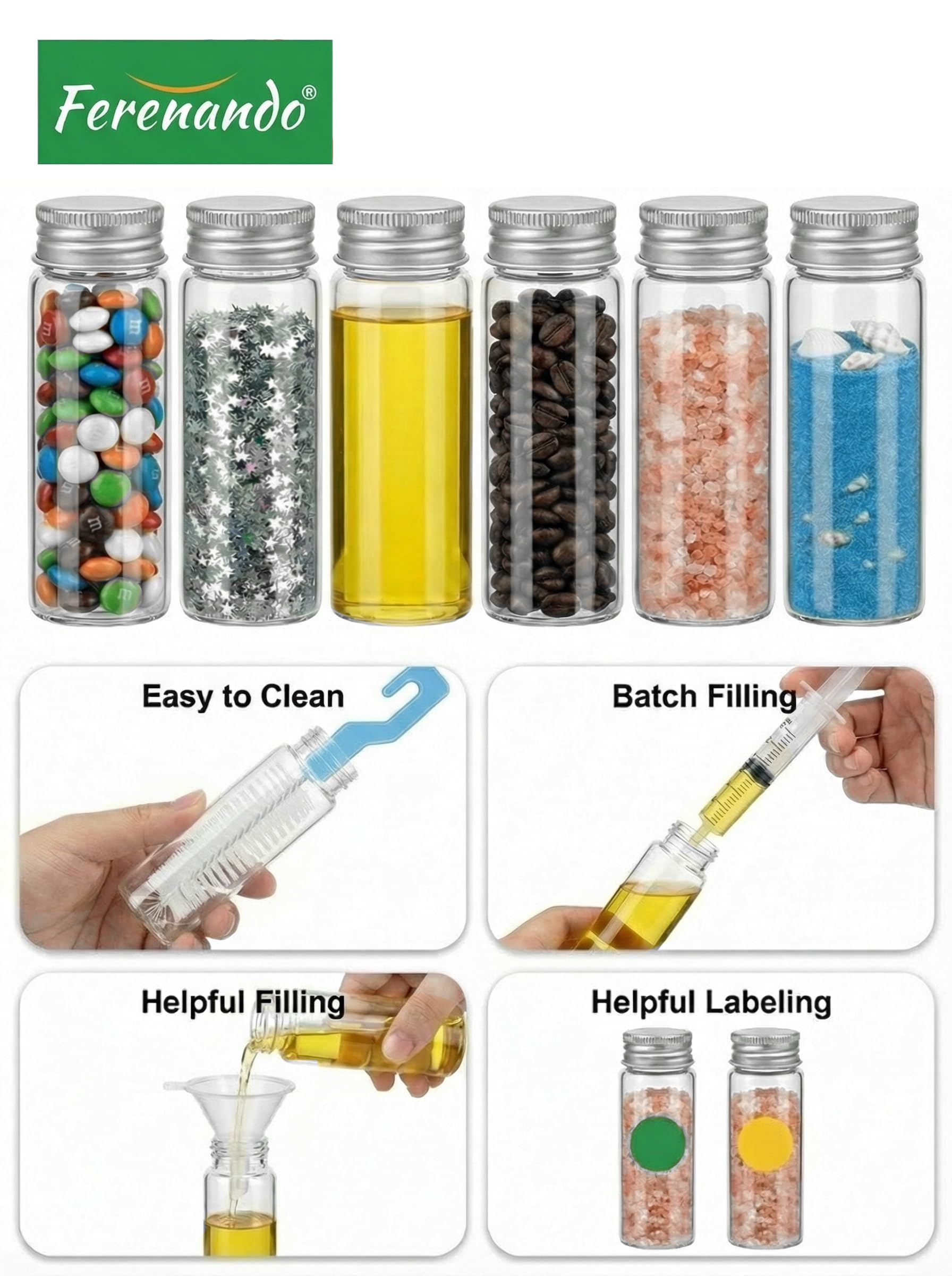 30 Pcs Tubes à Essai en Verre avec Bouchon à Vis en Aluminium, Petit Flacon en Verre, Mini Tube a Essai à Large Ouverture avec 4 Accessoires pour Bricolage, Liquides, Sable, Perles (50ml)