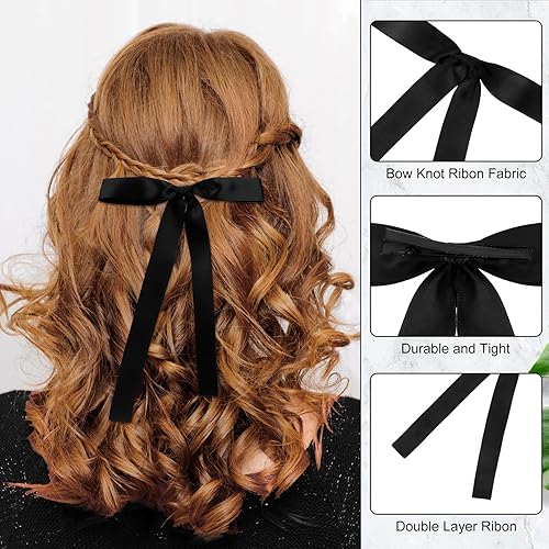 Miniatura 2 de CIEHER 10 pinzas de lazo para el cabello negro para mujeres y niñas, pinzas para el pelo con lazo, lazos para el cabello con cola larga, pasadores