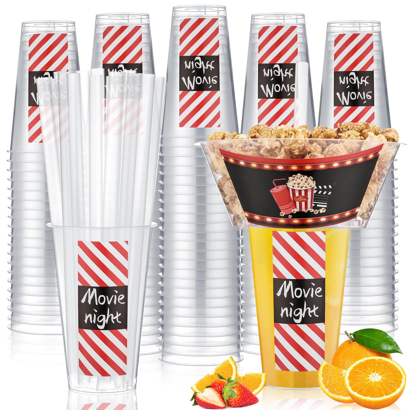 SiliFine 25 juegos de tazas de bebidas y aperitivos con pajitas, vasos desechables de plástico para estadio con soporte para aperitivos, tazas para aperitivos para papas fritas, pollo frito y frutas