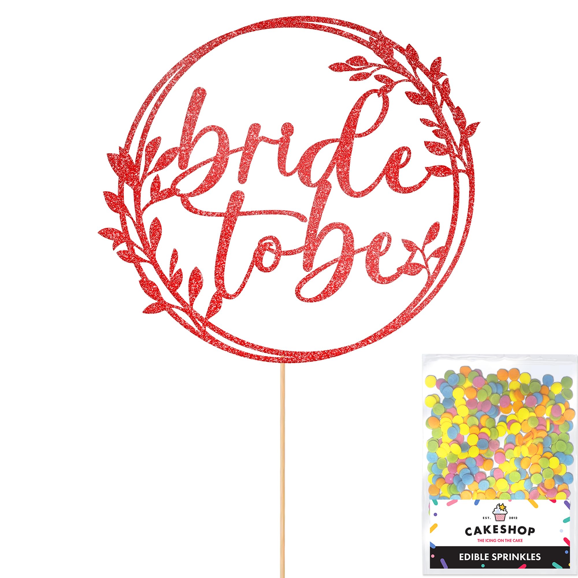 Cakeshop Bride To Be Glitter Cake Topper With Sprinkles - Red Custom Colour - Double-Sided Glitter Card Cake Decoration - Perfect For Hen Parties - Toppers for Cakes