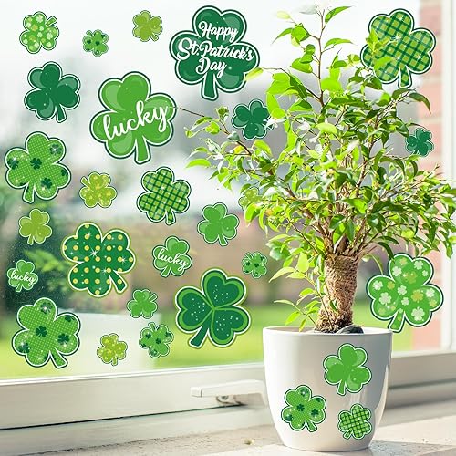 Miniatura 6 de Whaline 9 hojas de calcomanías para ventana del día de San Patricio, trébol verde, decoración de ventana de trébol de la suerte de doble cara para