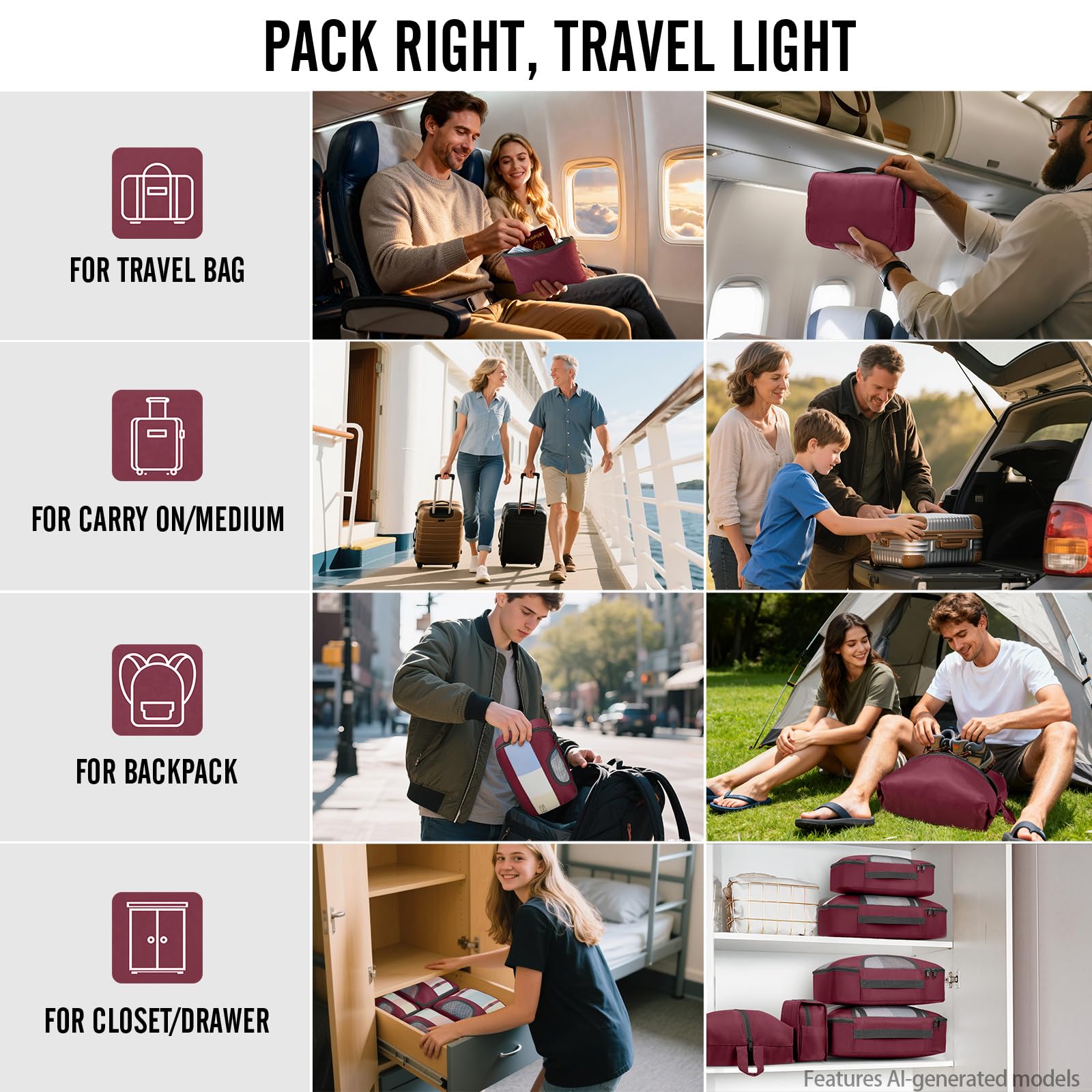 Veken 8 Set Packing Cubes for Travel Essentials,Anti-Wrinkle Buckled Suitcase Organizer for Shoe & Toiletry Bag,Carry On Luggage Bag with 99+ Count Mesh Holes for Airplane & College Dorm Accessories view 8