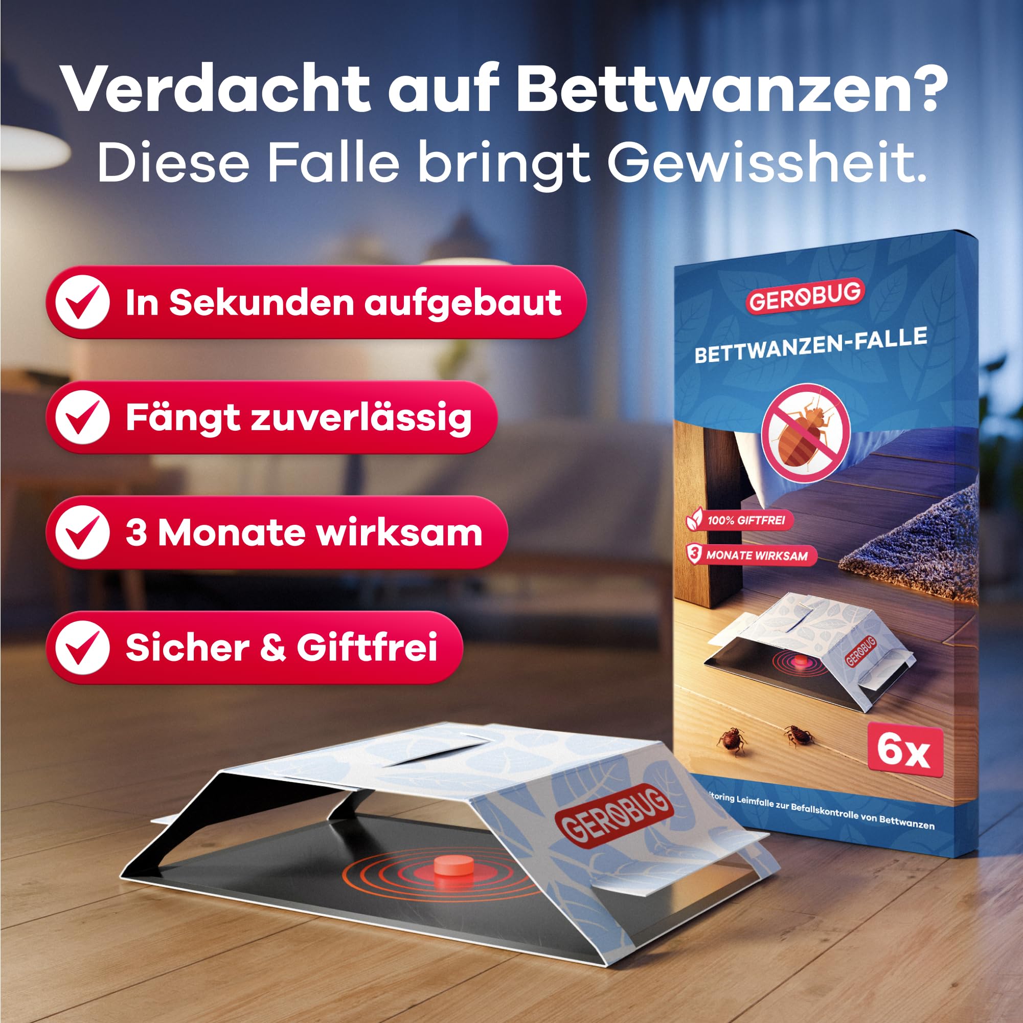 Gerobug Pułapka na pluskwy 12 sztuk – skuteczne pułapki samoprzylepne z silnym środkiem wabiącym do wczesnego wykrywania pluskiew – monitorowanie bez dodatków chemicznych i natychmiast gotowe do