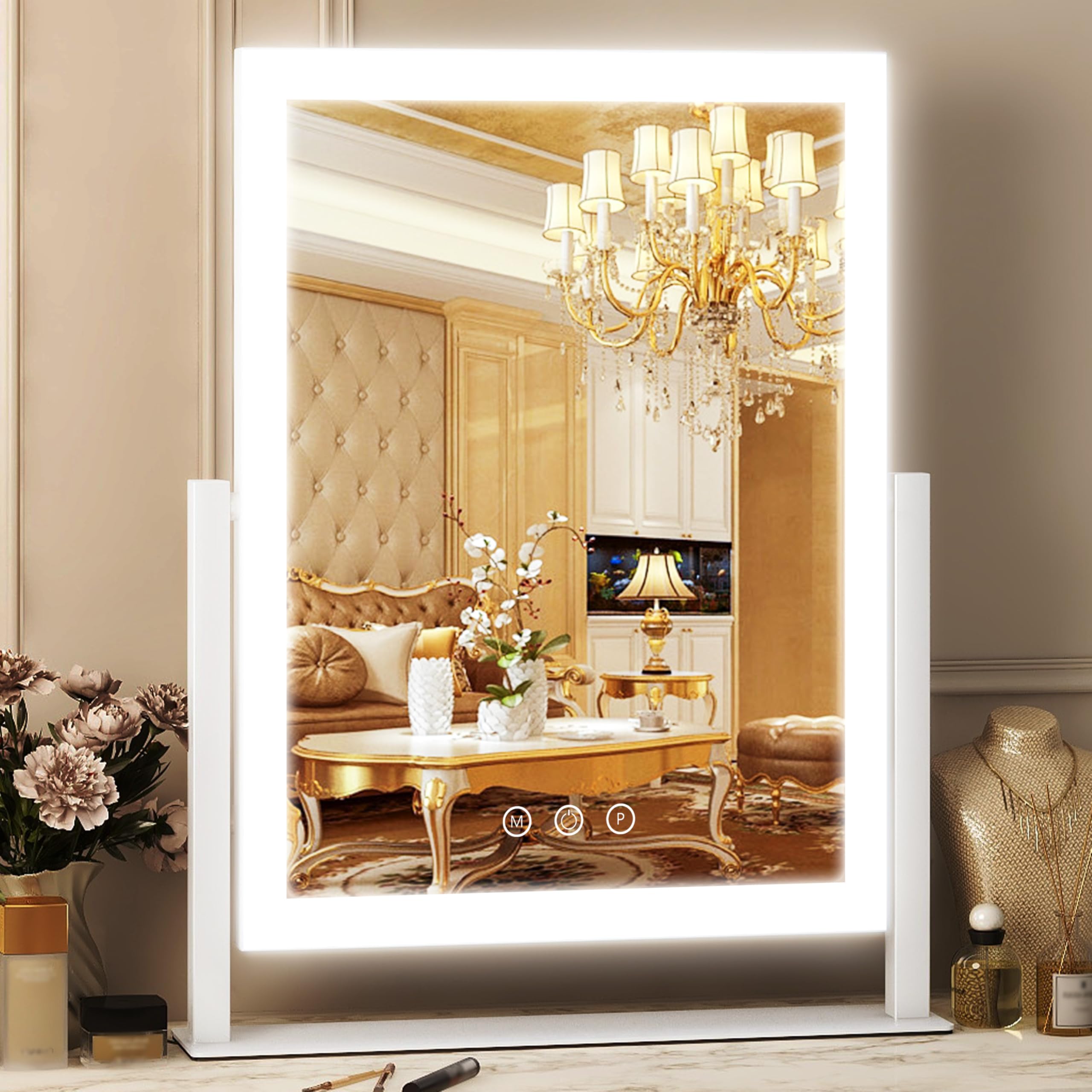 FENNIO Vanity Mirror with Lights - 17"x13" Lighted Makeup Mirror, Makeup Mirror with Lights, Touch Screen with 3-Color Lighting, Dimmable,Desk Mirror with Light for Vanity Tabletop