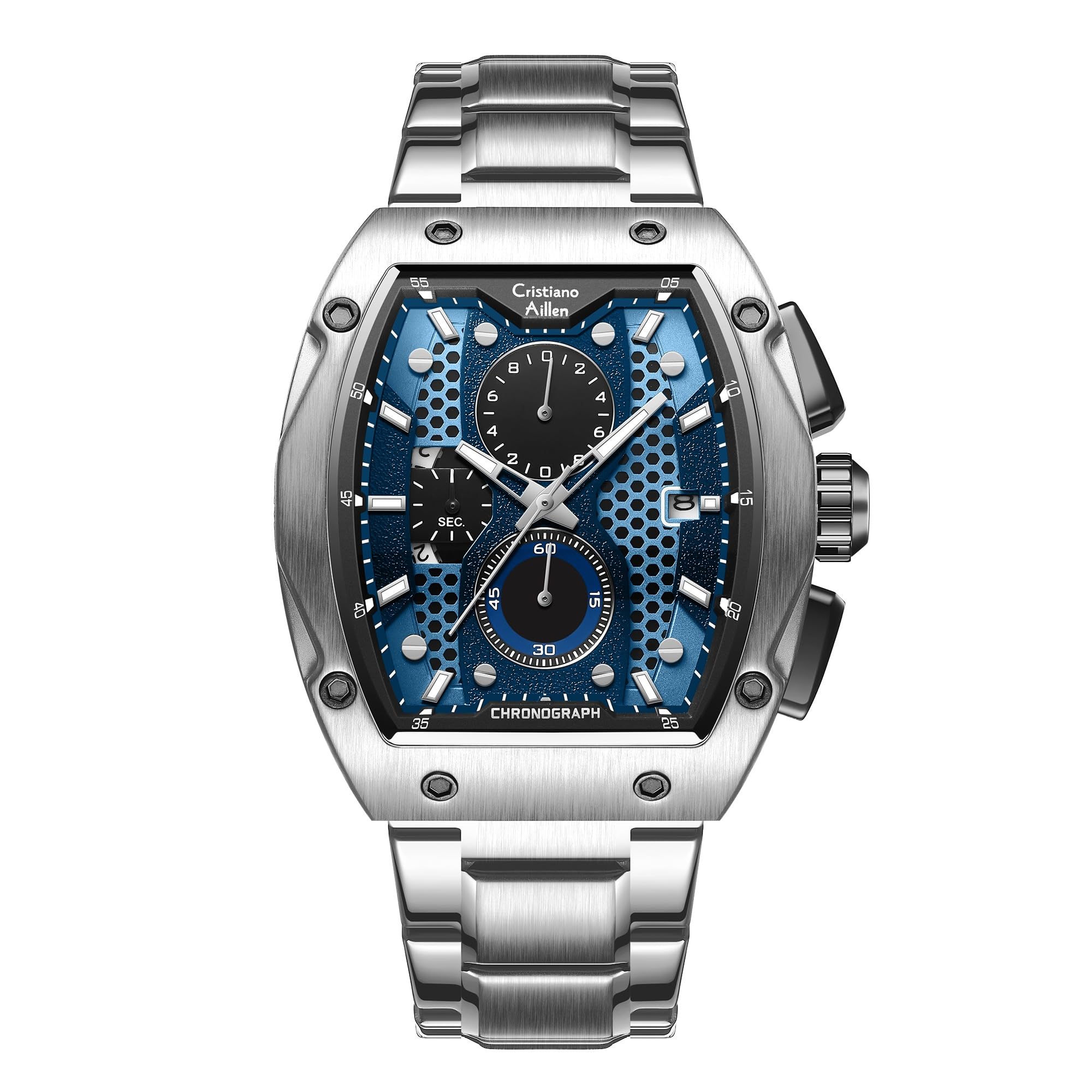 Analog Watch - CA-8917 Silver Blue Luxury Chronograph Watch Men Skeleton Dial Analog Strap Men-image-9