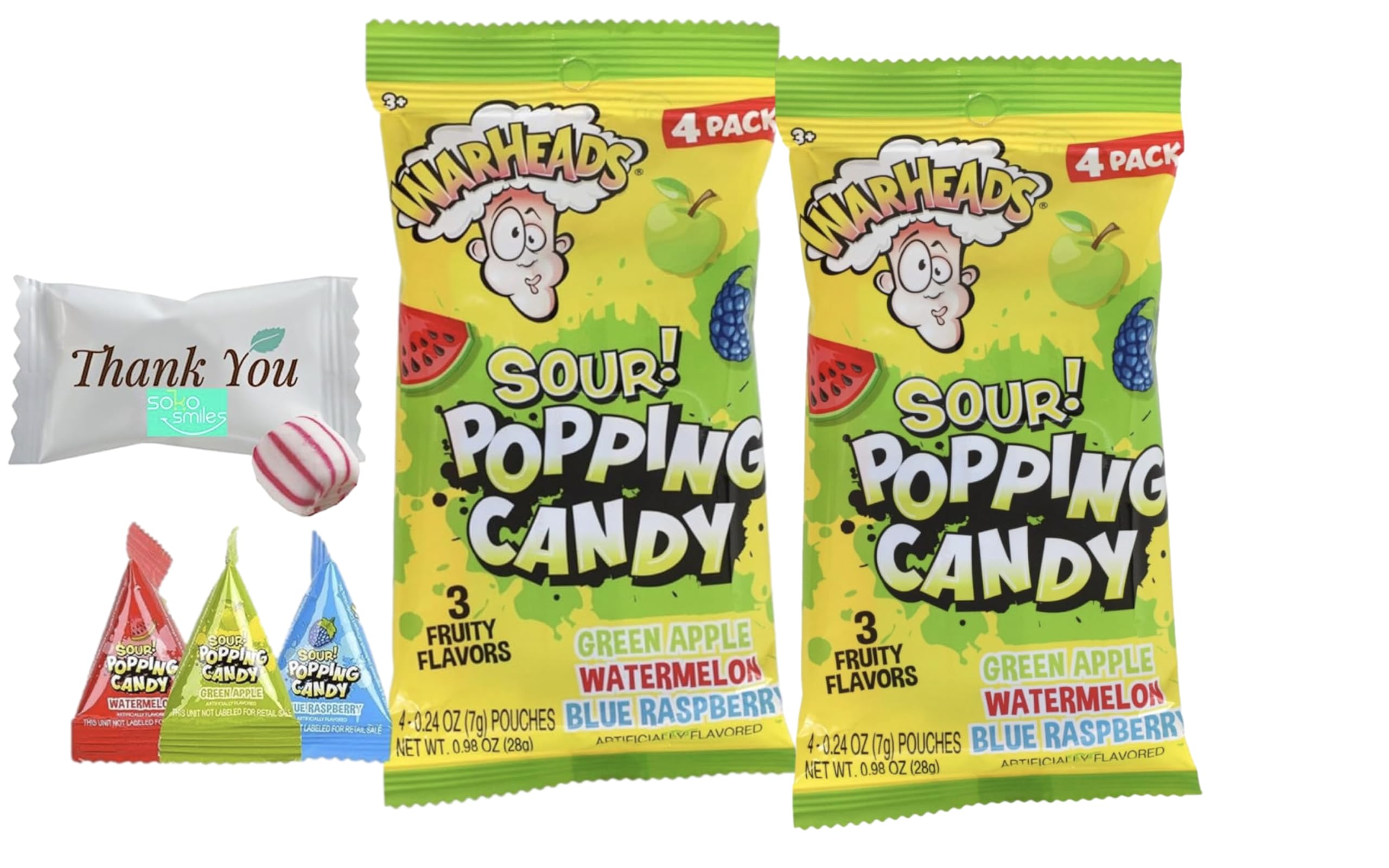 WarHeads Sour Popping Candy, 4-pc and 3-pc Halloween Popping Candy Bundle | 3 Fruity Flavors Green Apple, Watermelon, Blue Raspberry | Soko Smiles Thank You Mint Included.