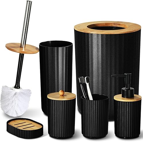 ALPIRIRAL Juego de accesorios de baño negro, juego de 8 piezas de accesorios de baño con basura, dispensador de jabón y soporte para cepillo de