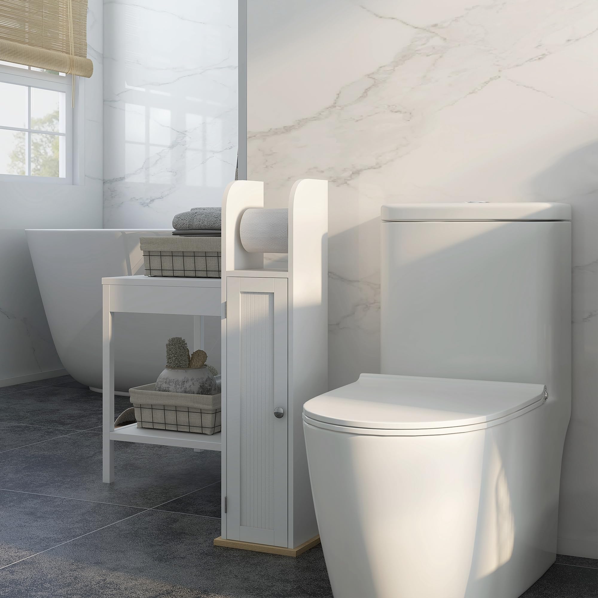 kleankin Meuble de Salle de Bain Support Papier Toilette avec Placard et étagères réglables 20 x 20 x 80 cm Blanc
