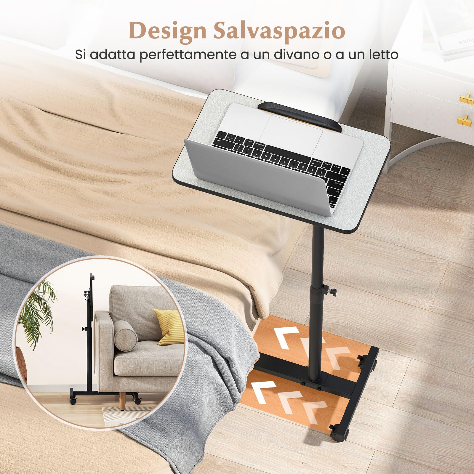 COSTWAY Tavolino Servitore con Altezza Regolabile, Ruote Bloccabili, Piano Girevole a 360° e Inclinabile con Fermo Bordo, Tavolino a Forma di C per Soggiorno, Camera da Letto e Studio (Grigio)