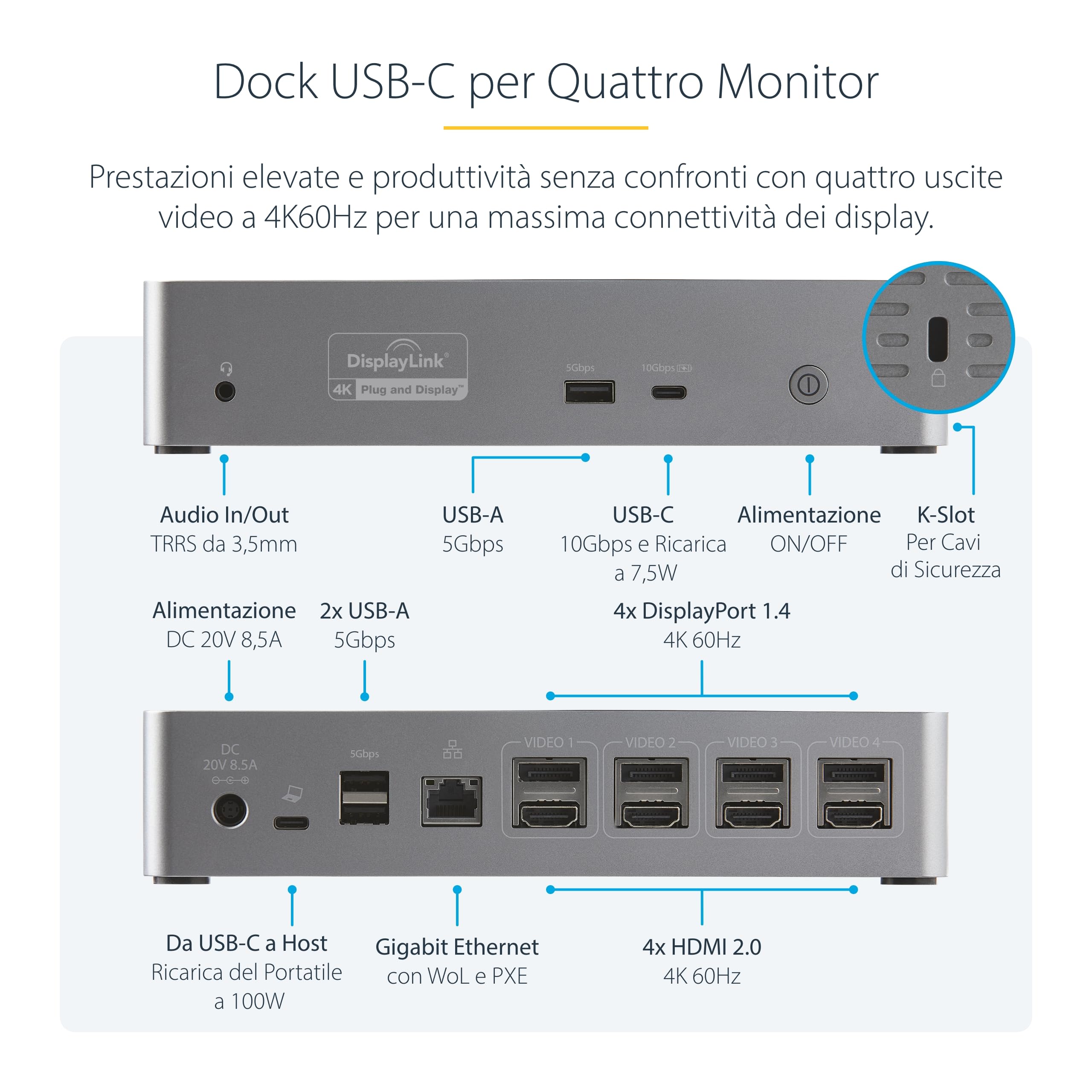 StarTech Docking Station USB-C Quad Monitor 4K 60Hz, 100W PD, GbE, Audio | Quad Monitor 4K, Compatibile Thunderbolt, Hub USB 3.0, 1x USB-C e 3x USB-A, Ethernet