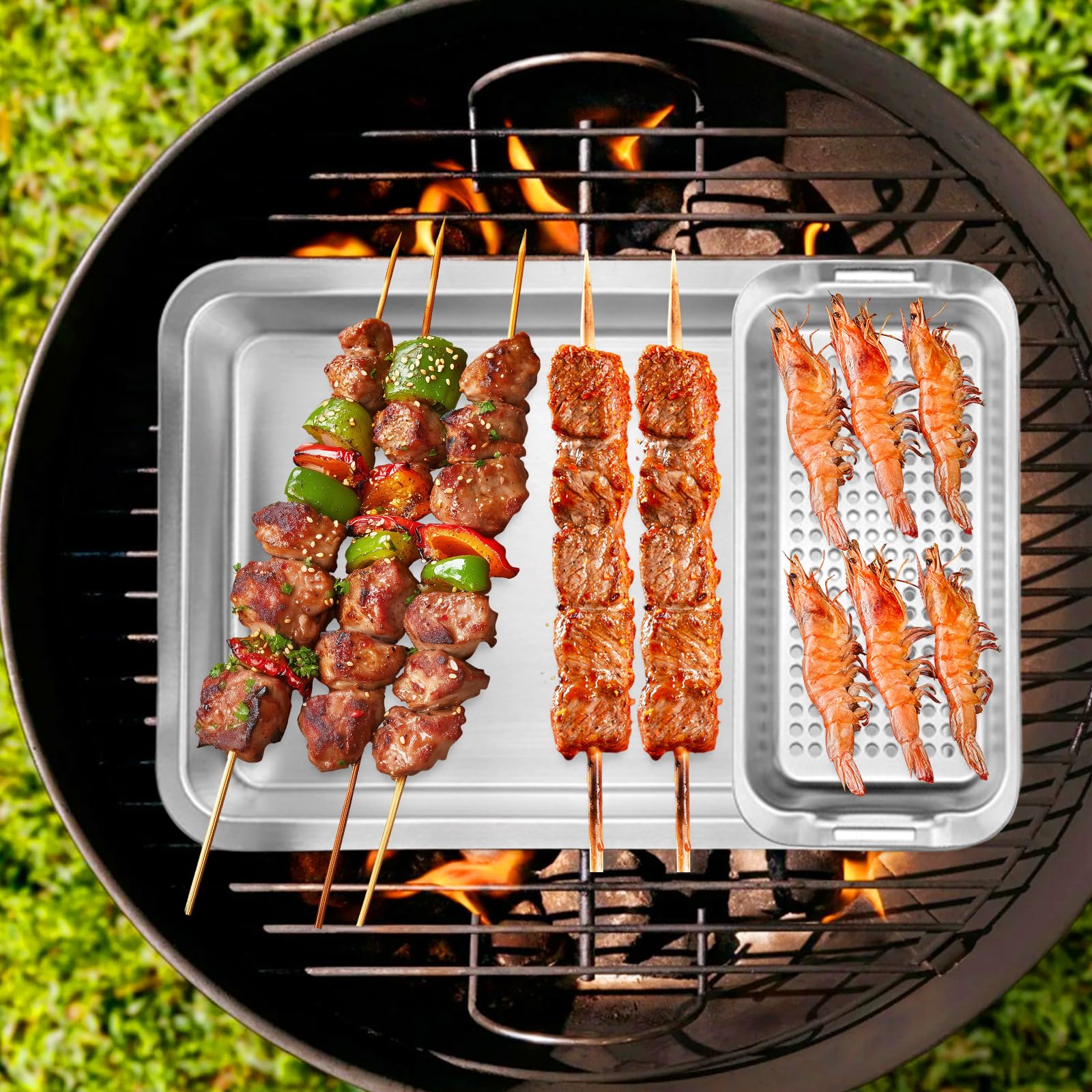 Zestaw koszy grillowych ze stali nierdzewnej, 3 kosze do grillowania z tacą do serwowania i uniwersalnym uchwytem, akcesoria do grillowania ryb, warzyw, mięsa, do grilla gazowego, grilla na