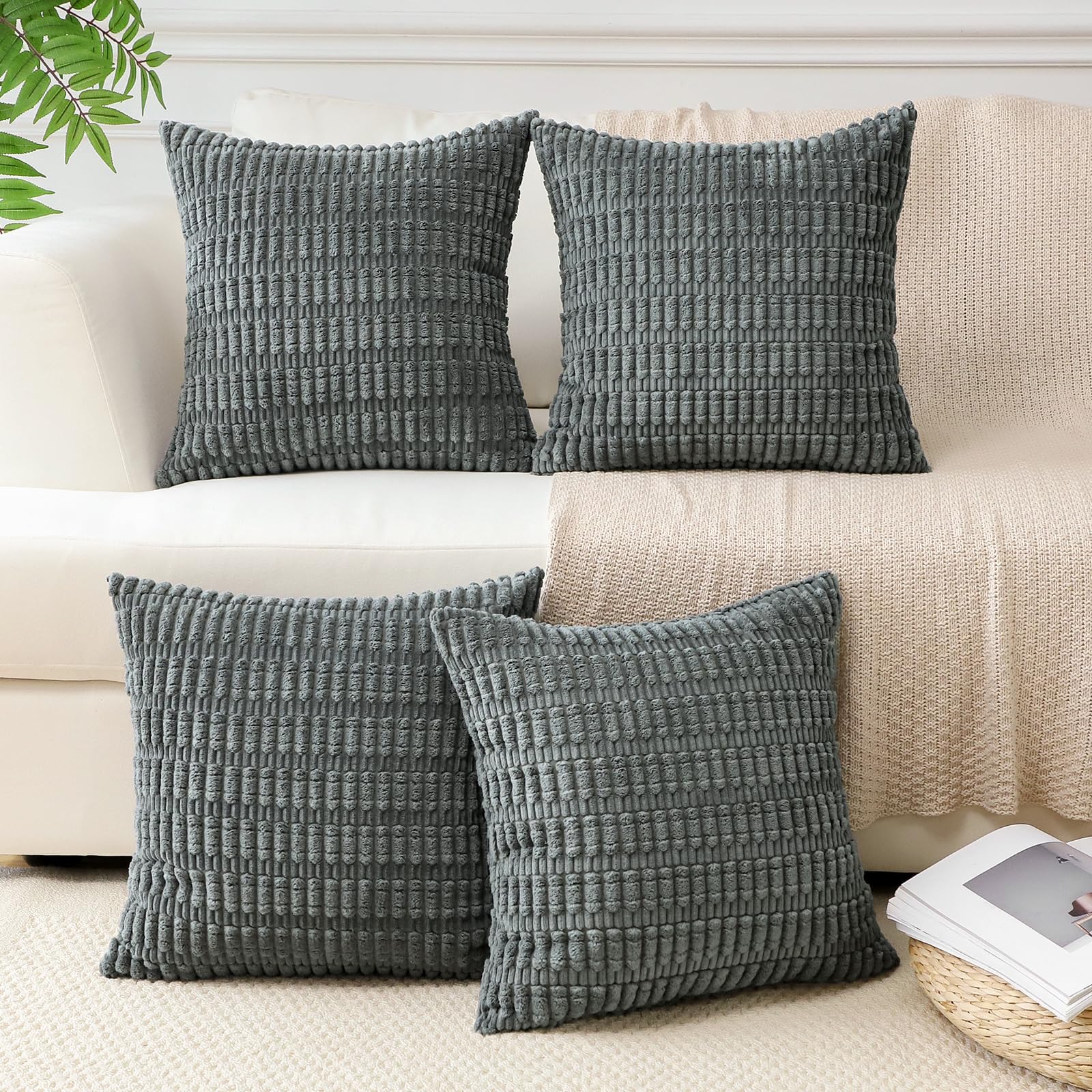 Sungeek Set of 4 Soft Corduroy Decorative Cushion Covers 45x45cm Square Striped Throw Pillow Covers 18x18 Inch for Sofa Couch Living Room Patio Farmhouse Boho Home Decor Pillowcases (Dark Gray) - Image 2