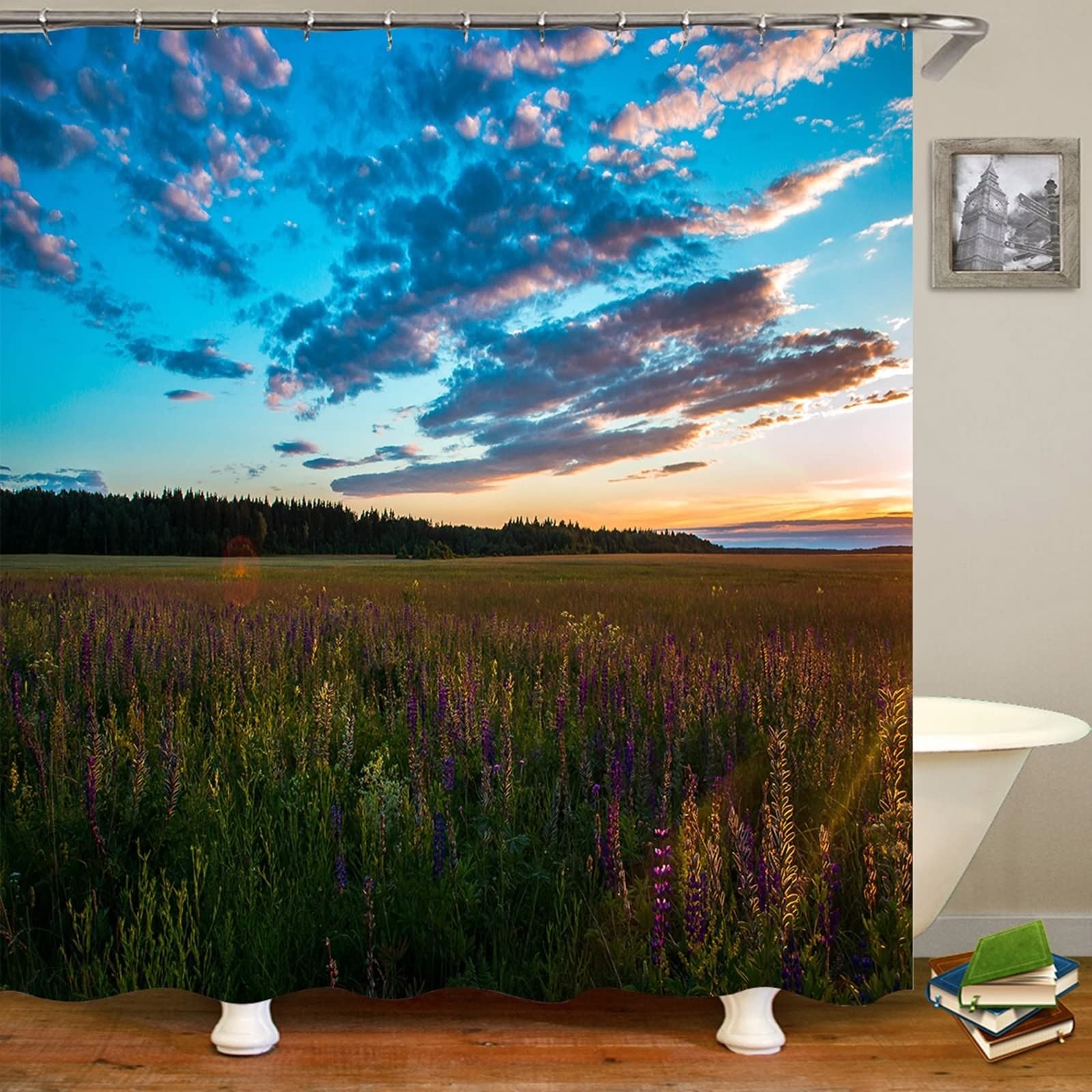 Rideau de douche fleurs et ciel KnSam en polyester imperméable pour salle de bain zen 165x200cm