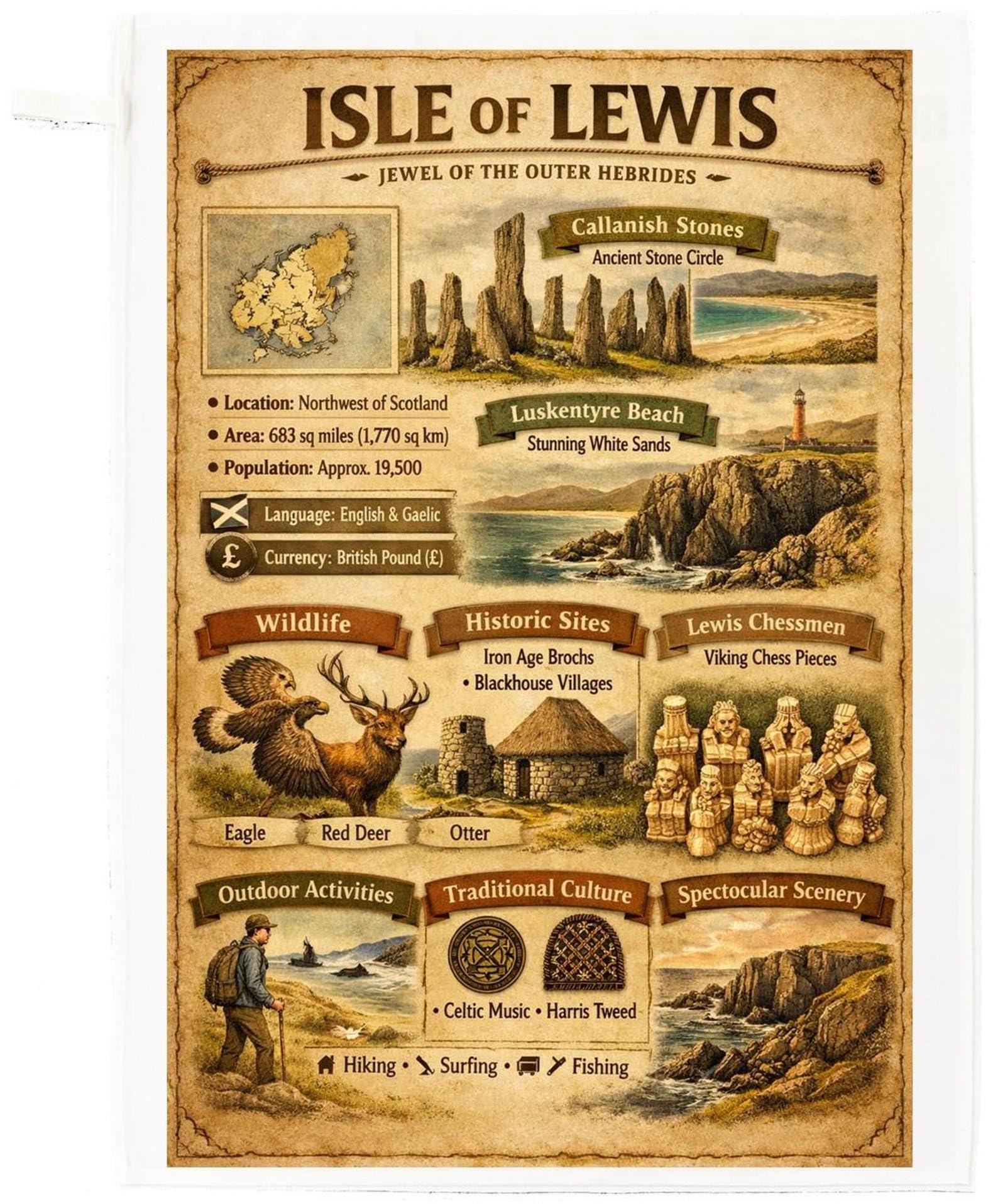 Isle of Lewis Tea Towel – Outer Hebrides Map & Landmarks