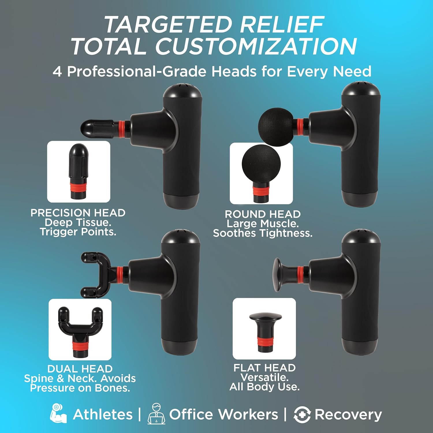 Mini Massage Gun Deep Tissue | Small Portable Percussion Muscle Massager | Travel Size Pain Relief | 4 Heads, Type-C Rechargeable | Carry Case Included