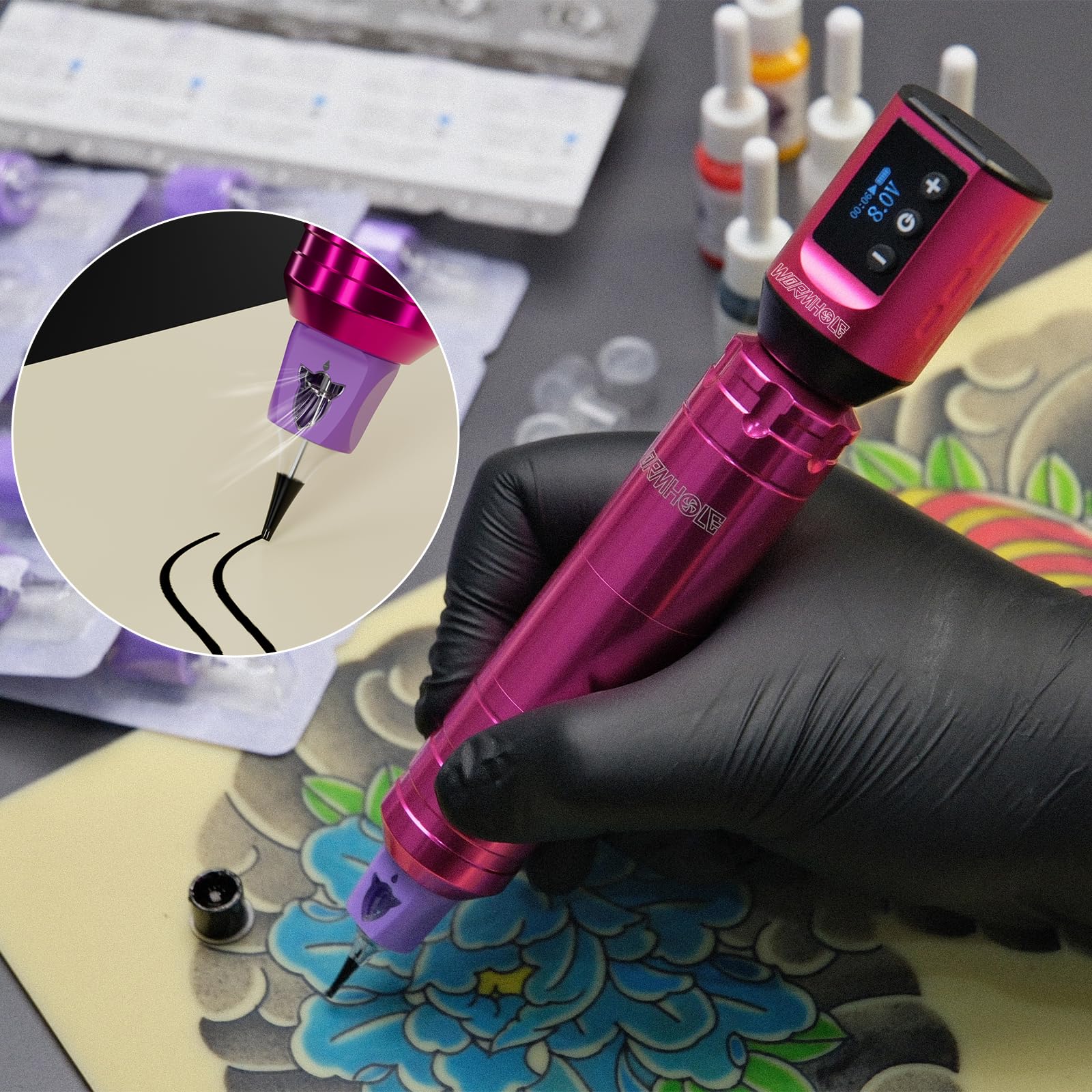 Wormhole Tattoo Kit for Beginners Complete Rotary Tattoo Machine Kit with 11PCS Tattoo Ink 10PCS Cartridge Needles Dual Protection Power Supply Full Accessories, All-in-One Tattoo Supplies WTK104: two pink