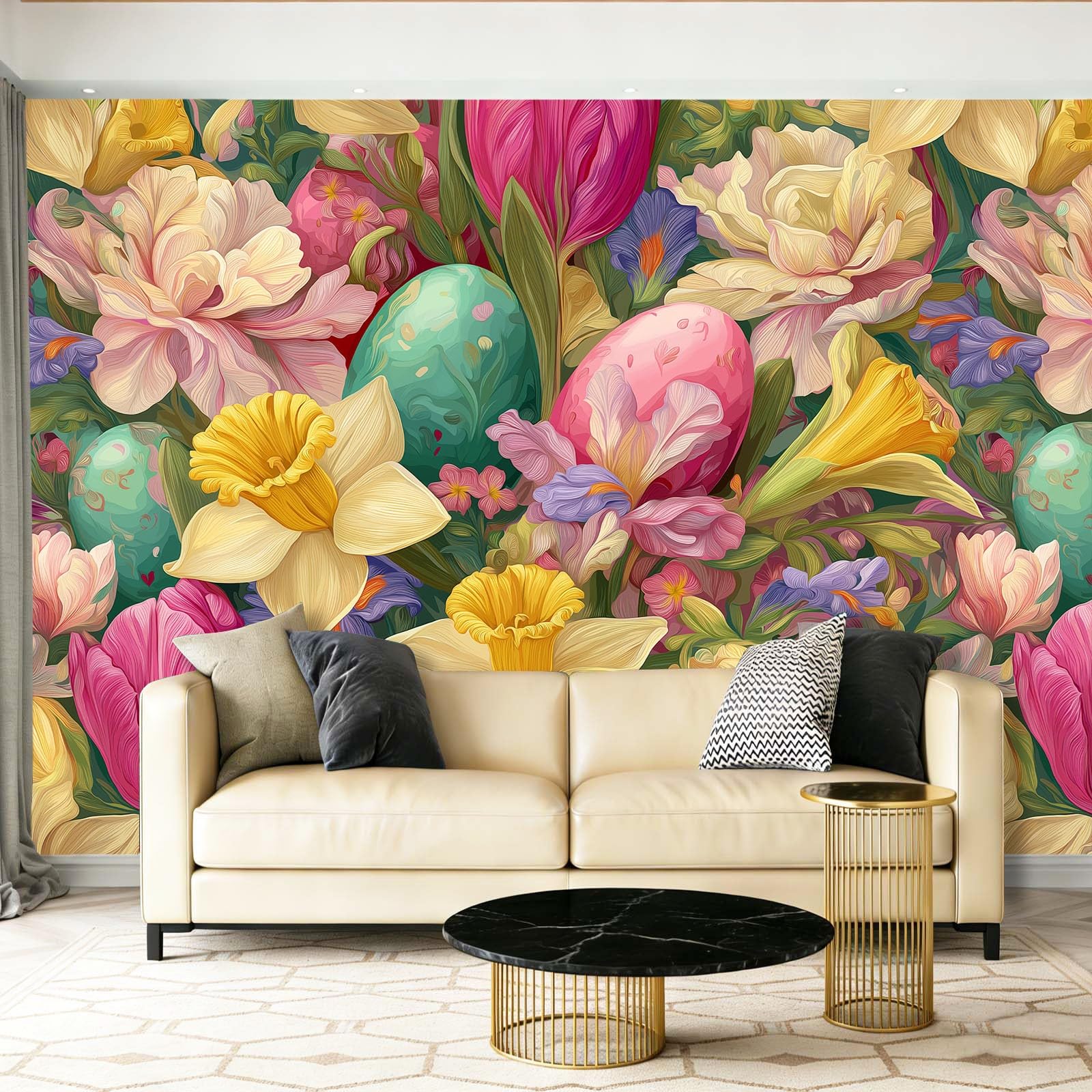 Fototapety Akwarela Tulipany Rośliny Żonkile Kolorowe Włóknina Tapeta Dekoracja Salon Sypialnia Biuro, 300 x 210 cm