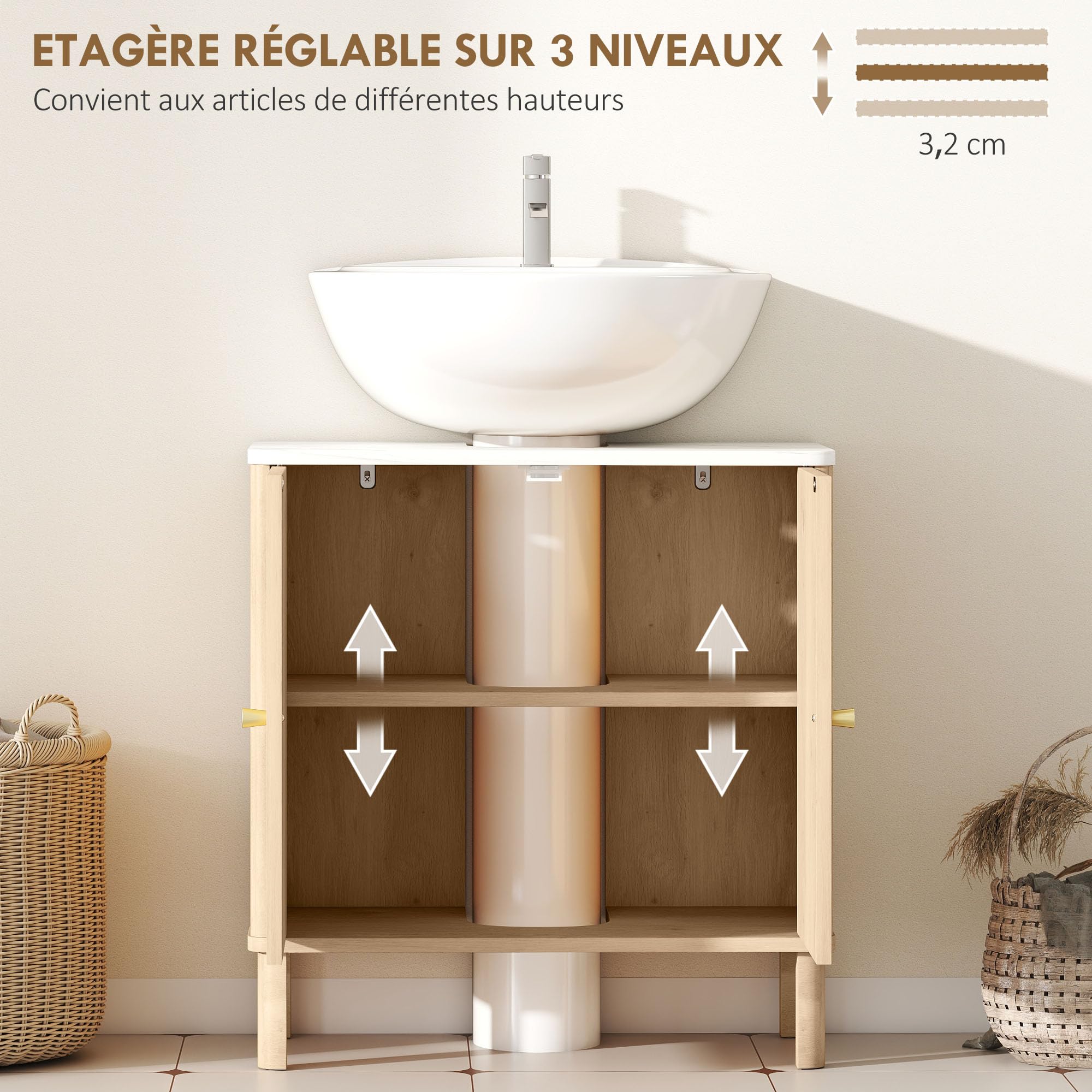 HOMCOM Meuble sous Lavabo avec Étagère pour Vasque, 60 x 30 x 63 cm, Chêne