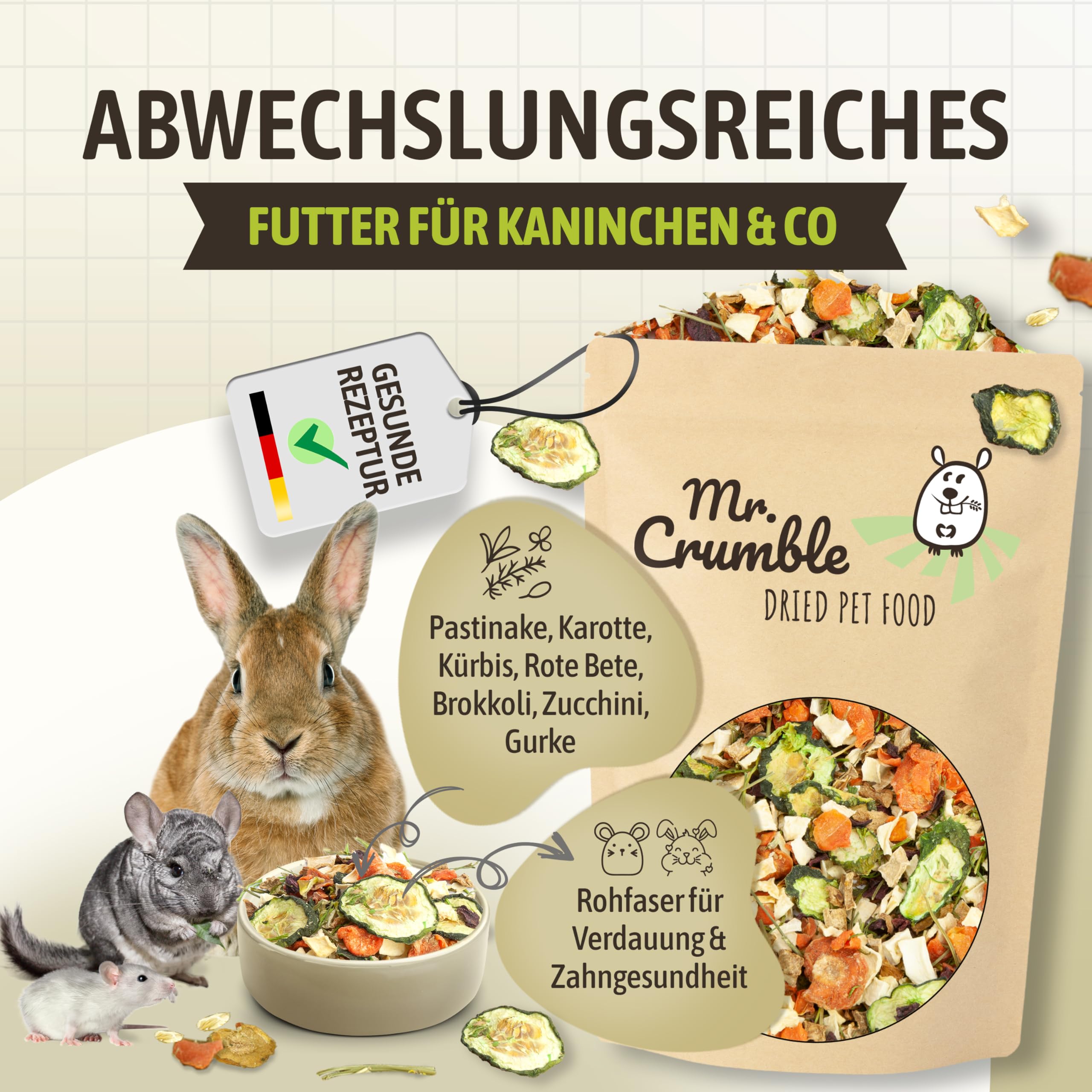 Mr. Crumble Gemüsegarten – Getrocknetes Gemüse mit Kräutern für Kaninchen, Meerschweinchen & Nager – 100 % natürliches Ergänzungsfutter – Ohne Zusätze – Gemüse-Mix 5 kg