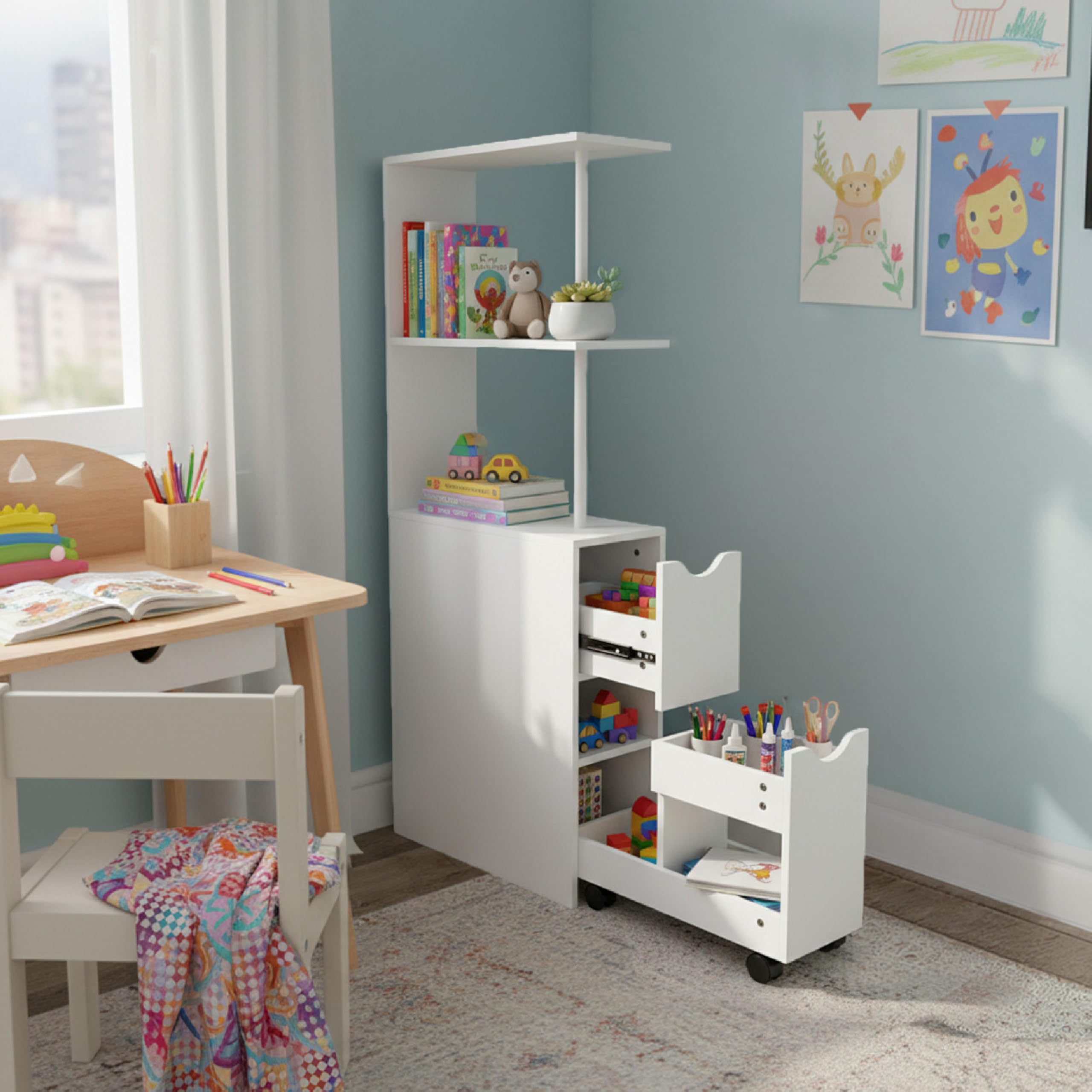 Baroni Home Columna de baño que ahorra espacio, mueble alto con estantes abiertos y cajones, multiusos, columna moderna para baño, cocina y dormitorio, 45 x 15 x 113 cm, 3 estantes y 2 cajones, color - 5