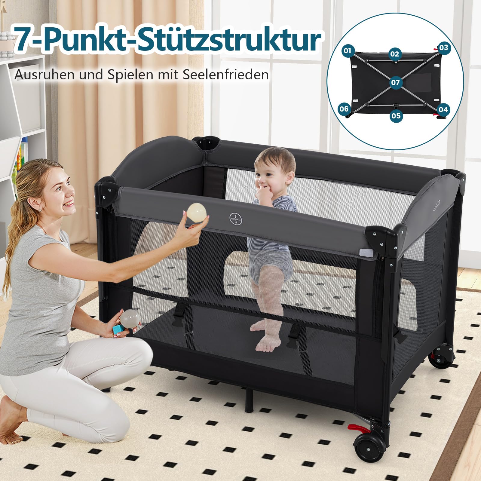COSTWAY 5 in 1 Beistellbett, Reisebett Baby mit Matratze, Babybett höhenverstellbar mit Wickelauflage, Mosktionetz & Spielbogen, Stubenwagen mit Rollen & Tragetasche für bis 36 Monaten, Schwarz