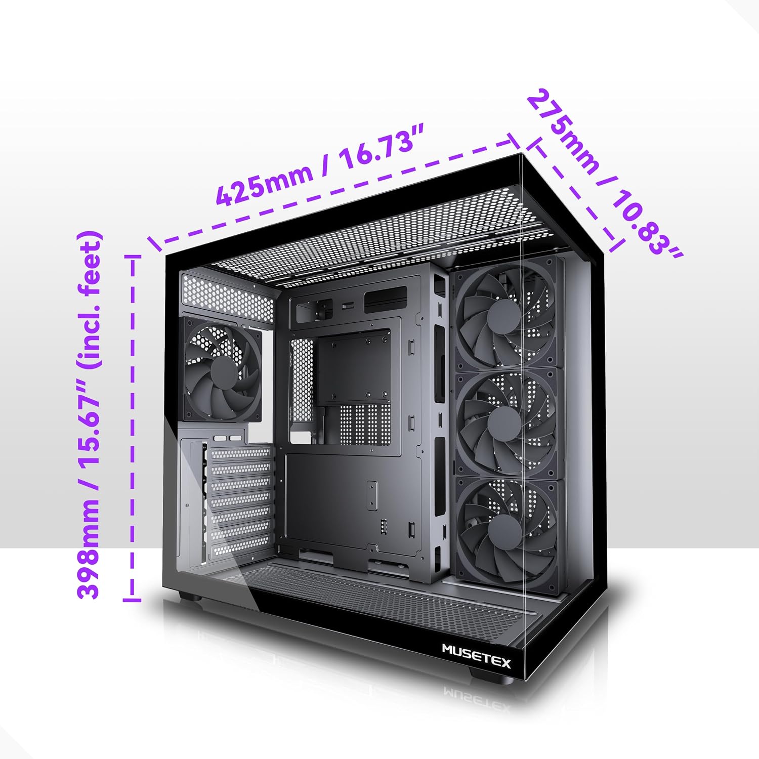 Diagram showing the dimensions of the MUSETEX Y6 PC Case
