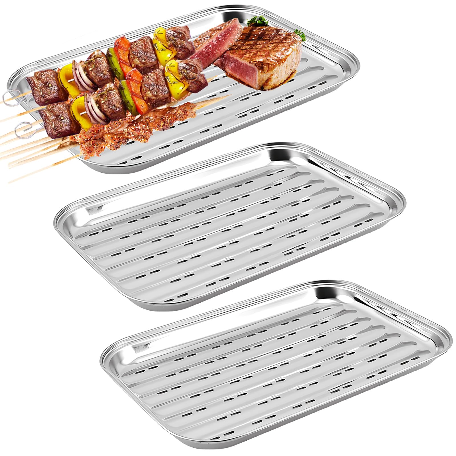 3er Set BBQ Grillschalen Edelstahl Wiederverwendbar Grillkorb für Gemüse, Fisch oder Fleisch Grill Zubehör