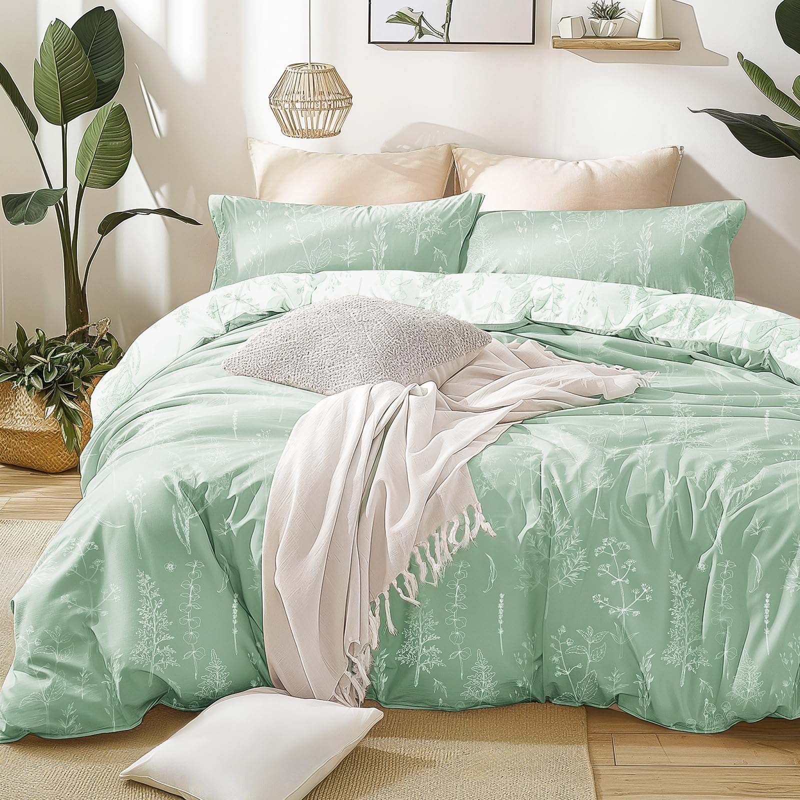 Love's cabin Sage Green Comforter Set Queen - Queen Size Comforter Set, 3 Pieces Cute Floral Bedding Sets for All Seasons,1 Soft Reversible Botanical Flowers Comforter and 2 Pillow Shams