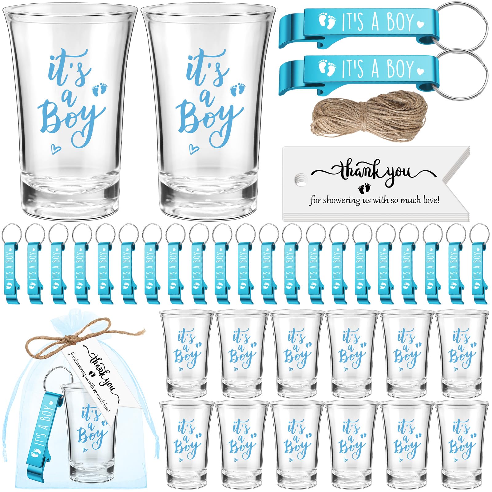 50 juegos de vasos de chupito acrílicos para baby shower con abrebotellas, llaveros, etiquetas de agradecimiento y bolsas, regalos de fiesta de revelación de género para invitados, baby