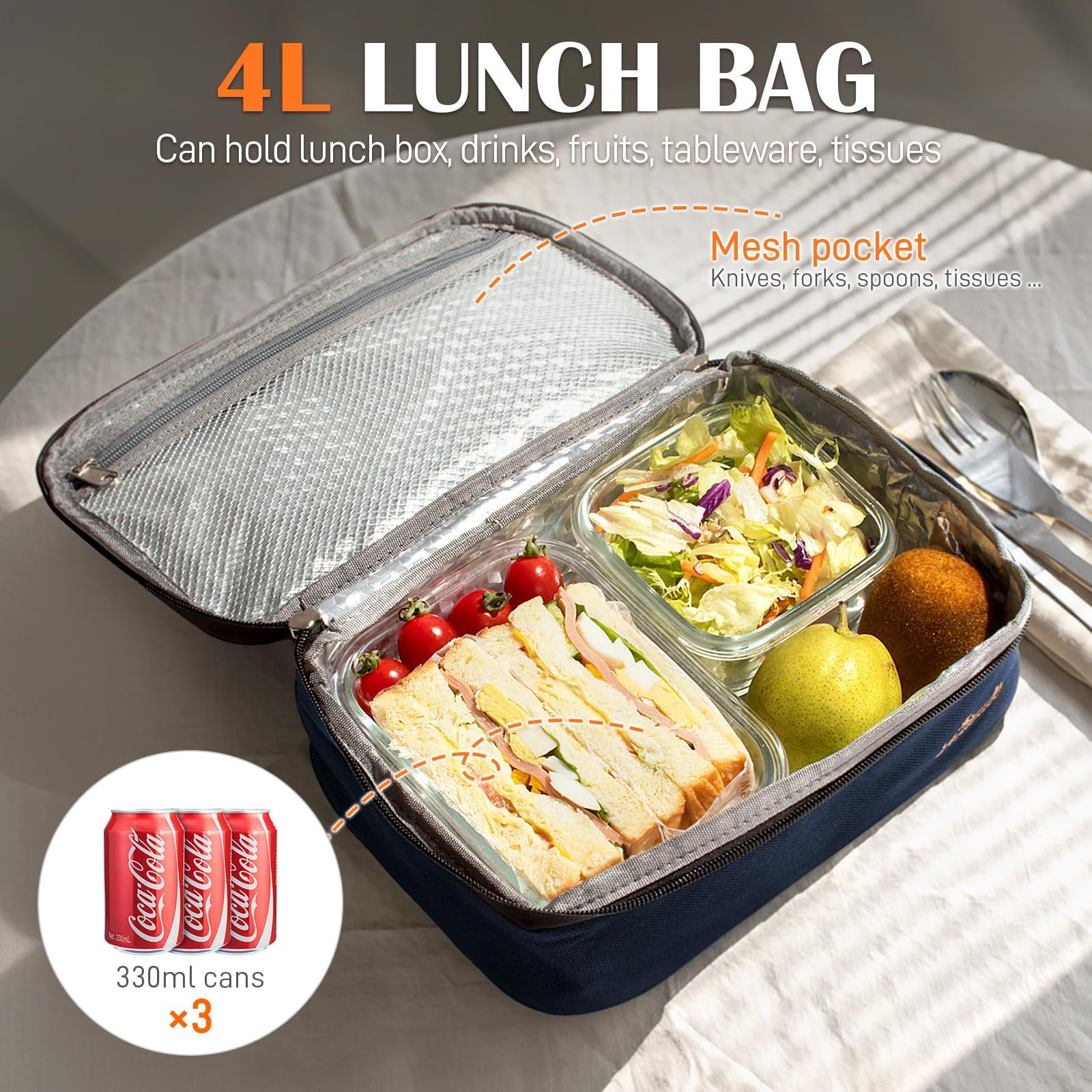 Viedouce Mini Borsa Termica Porta Pranzo 4L Impermeabile, Doppia Cerniera Riutilizzabile Contenitore per il Pranzo Isolata Uomo e Donna, Pieghevole Termico Pranzo per Ufficio/Scuola (Blu)