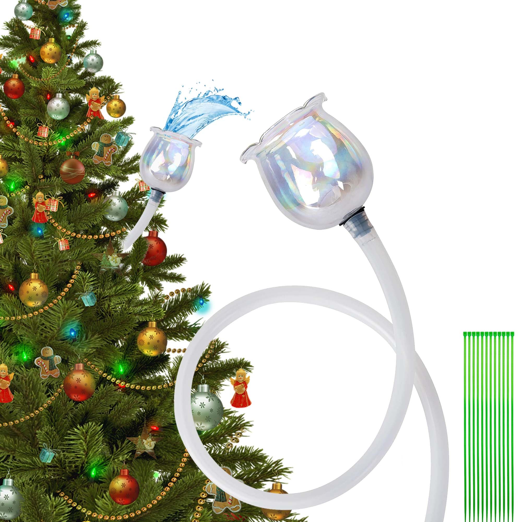 EBaokuup 59 Inch Flower Shape Christmas Tree Watering System,Laser Glass Christmas Tree Watering Funnel with 5 Ft Silicone Hose & Retaining Straps,Long Funnel Waterer for Indoor Outdoor Plants