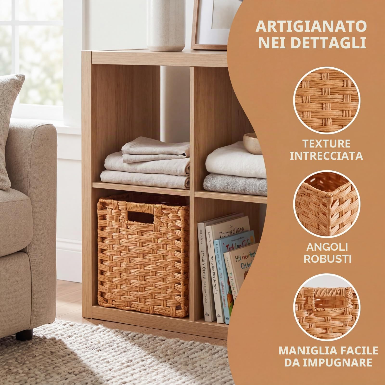 scatola contenitore cubica, 28x28x28 cm, cesto portaoggetti in finto rattan per giocattoli, vestiti, scaffale per cameretta, armadio, impermeabile, antimuffa (beige, confezione da 2)