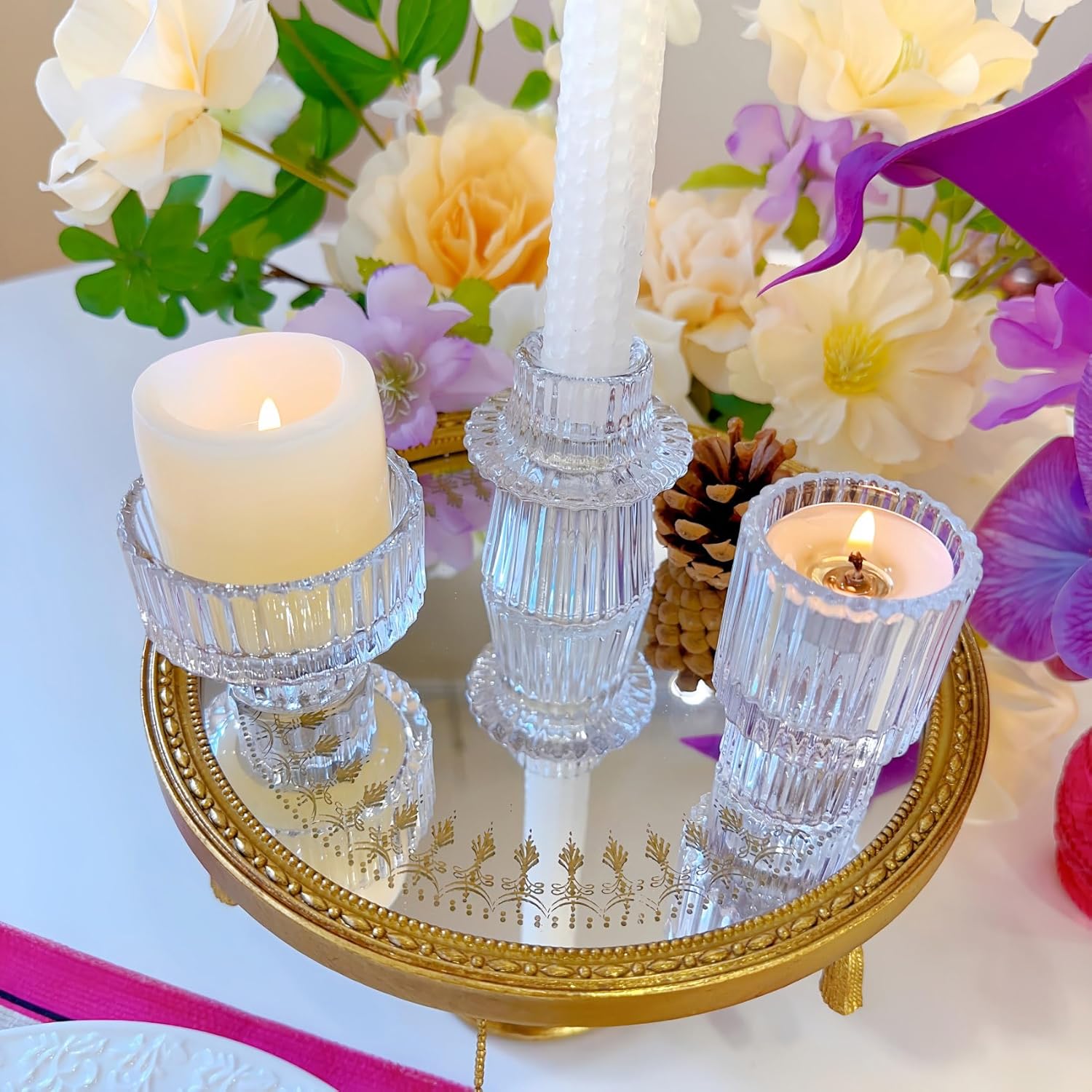 Double Sided Vintage Ribbed Taper Glass Candle Holders,Tea Candle Holder for Table Centerpieces, Wedding Decorations and Dinner Parties (Clear, 3 PCS) - Image 7