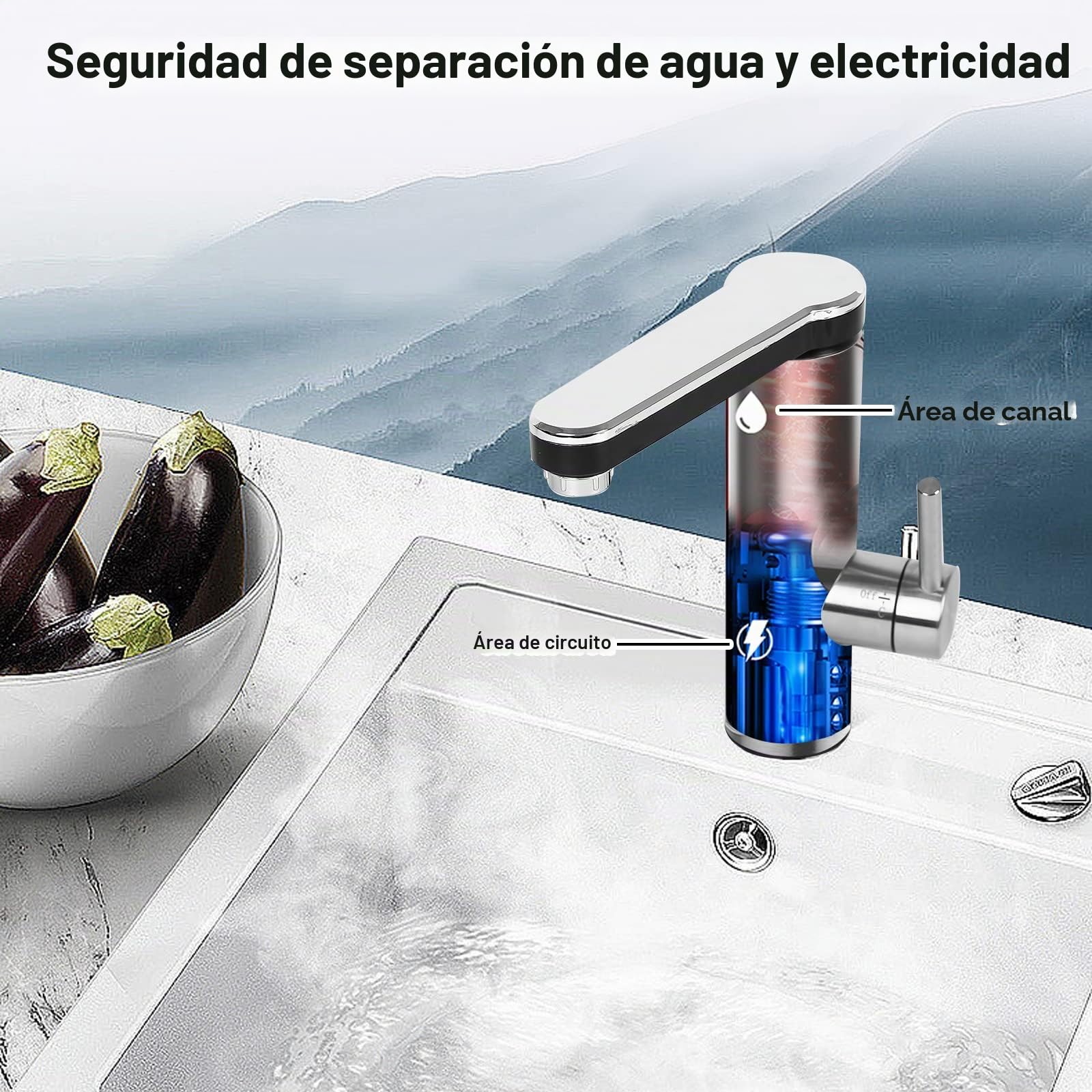 Grifo eléctrico con calentador de agua instantáneo (230 V, pantalla LCD, rotación de 360°, con calentador de agua instantáneo para cocina)