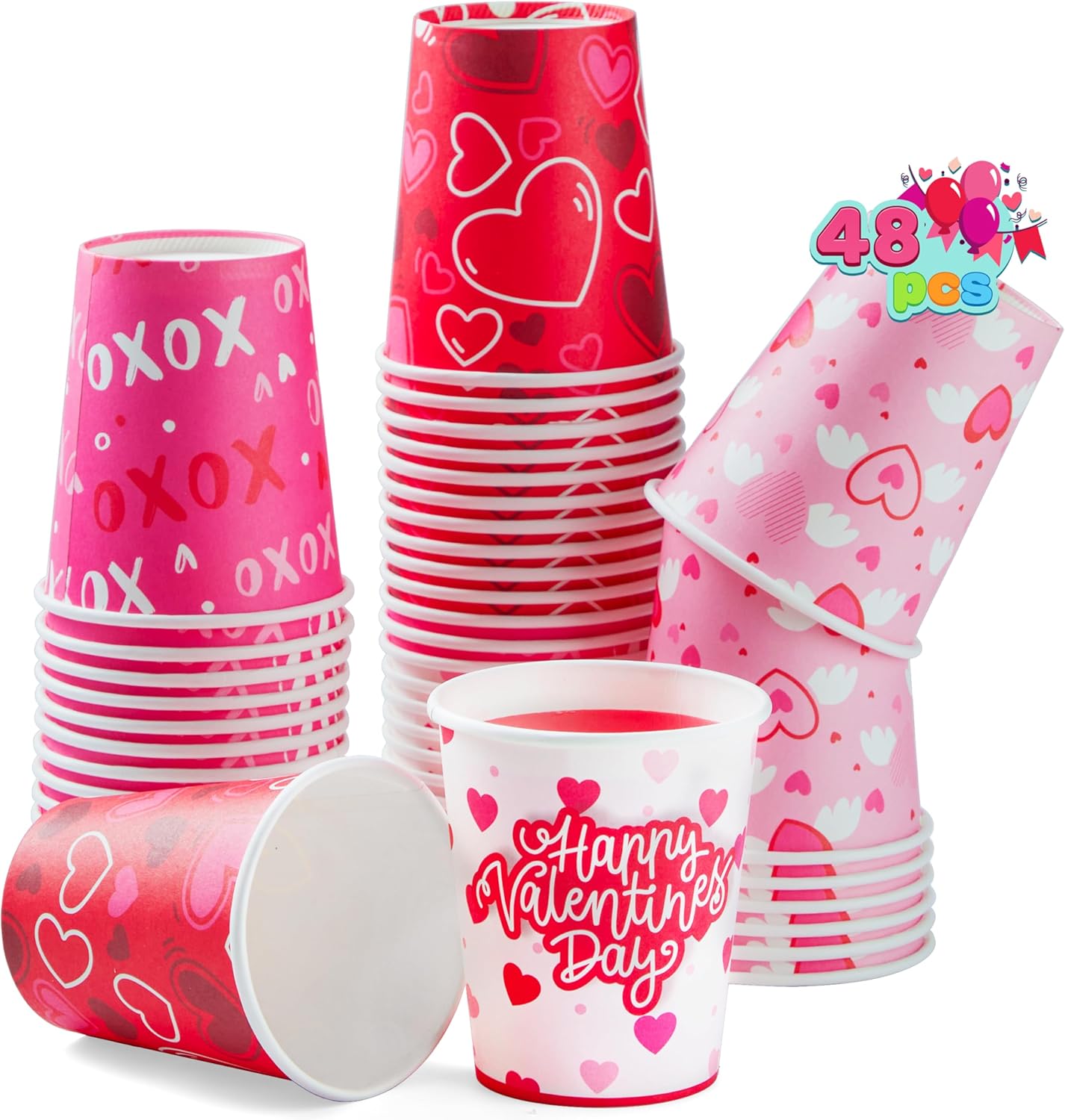JOYIN 48 Pcs Valentine's Day Disposable Cups, Paper Cocoa Cups with Pink Red Heart Design,Valentine Party Drinkware Supplies for CoffeeTea Beverage for Valentine's Birthdays Wedding Parties(9 oz)