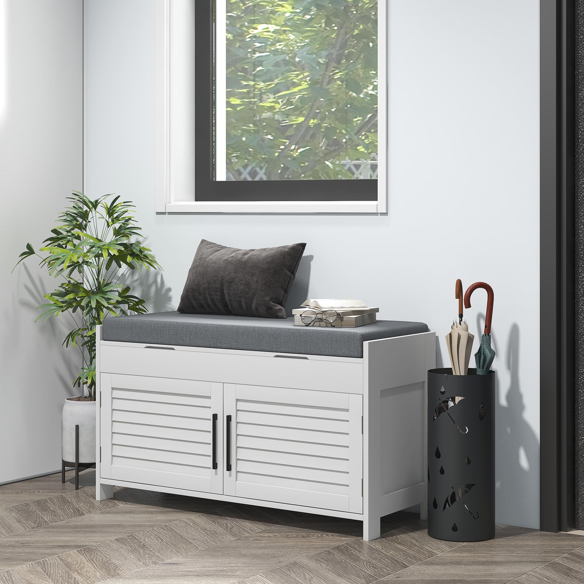 HOMCOM Banco zapatero cojín estantes ajust. puertas persiana 35.4" Blanco | Banco de entrada con almacenamiento, compartimentos ocultos, zapatero, soporta hasta 160 kg