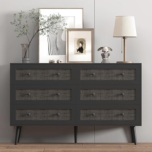 Miniatura 10 de Cómoda para Dormitorio con 6 Cajones, Cómoda Natural de Ratán, Cómoda Doble de Madera Ancha, Mueble de Almacenamiento de TV de Madera, Organizador