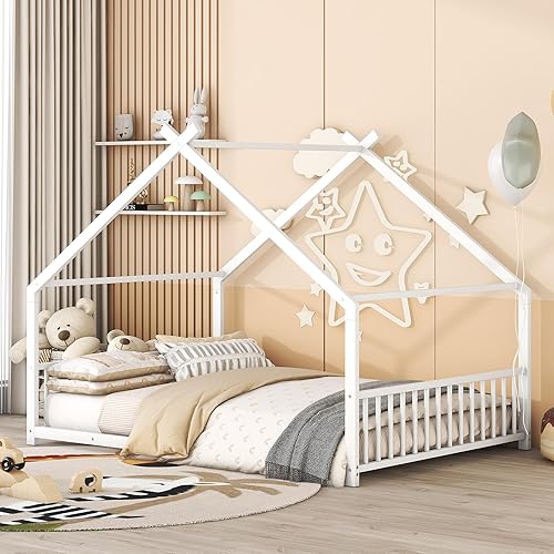 Tensun Marco de cama de suelo de madera de tamaño individual con valla y puerta, cama de piso para niños pequeños, marco de cama de piso de madera
