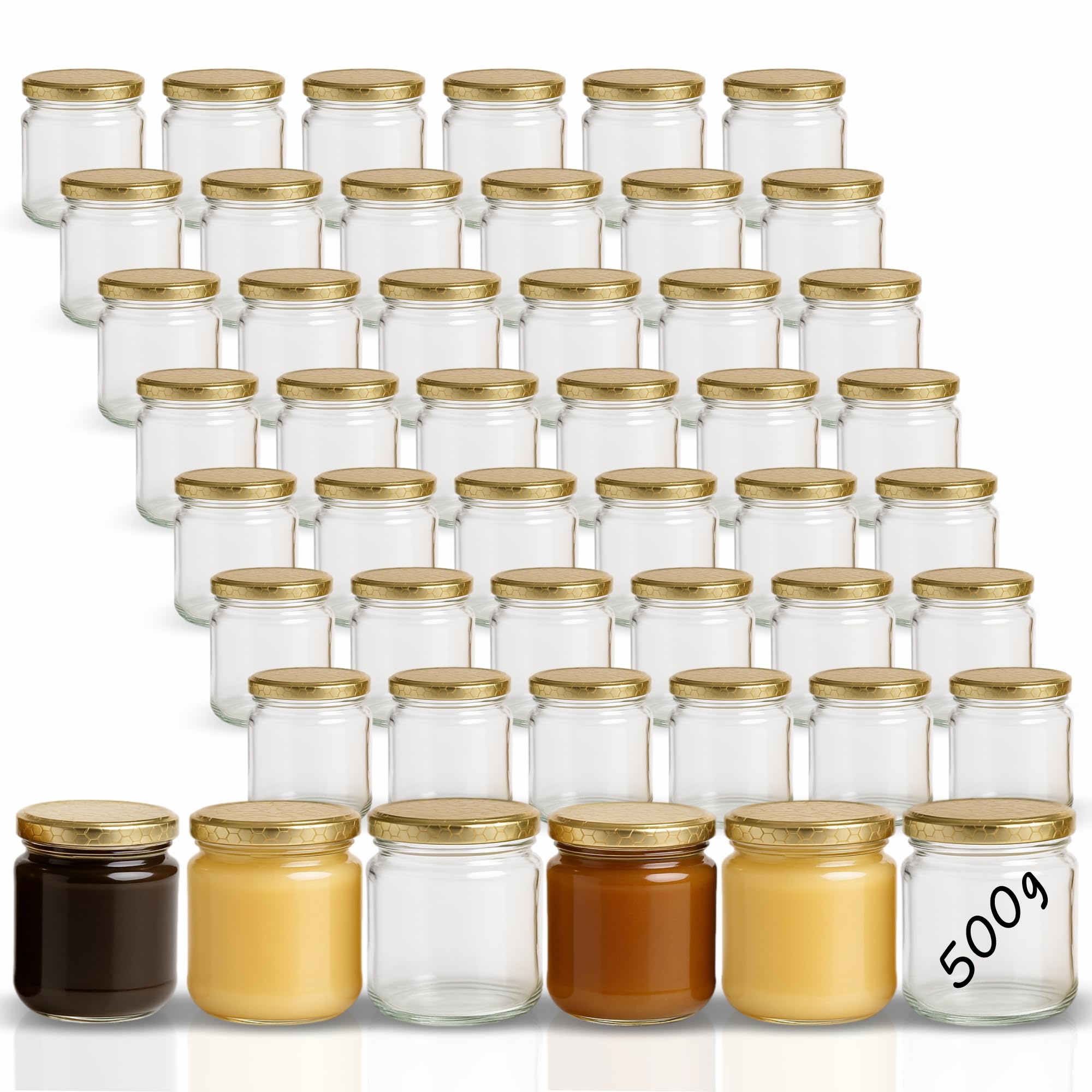 gouveo Lot de 48 Pots à Confiture 500g «Miel» avec Couvercle à Vis Nid d'Abeille - Pots de Conservation avec Bouchon à Vis TO82 - Pots de Conservation Vides, Pots (HGTO500BW)