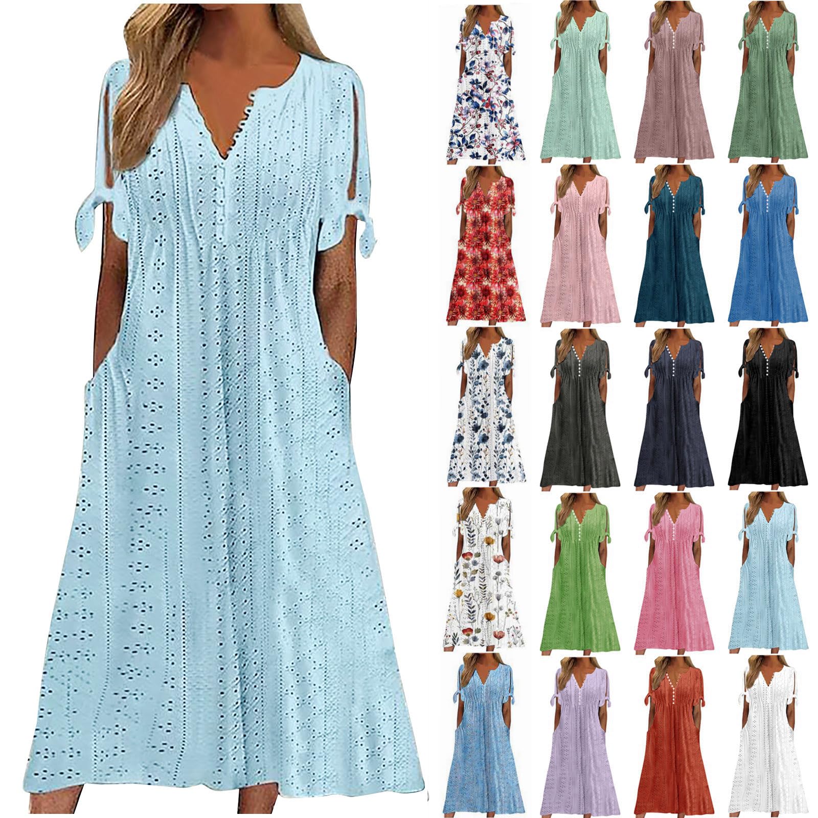 Summer Eyelet Dresses for Women Trendy V Neck Button Boho Short Sleeve Tshirt Dress Casual Beach Vacation Sundress(A- Light Blue,Medium)