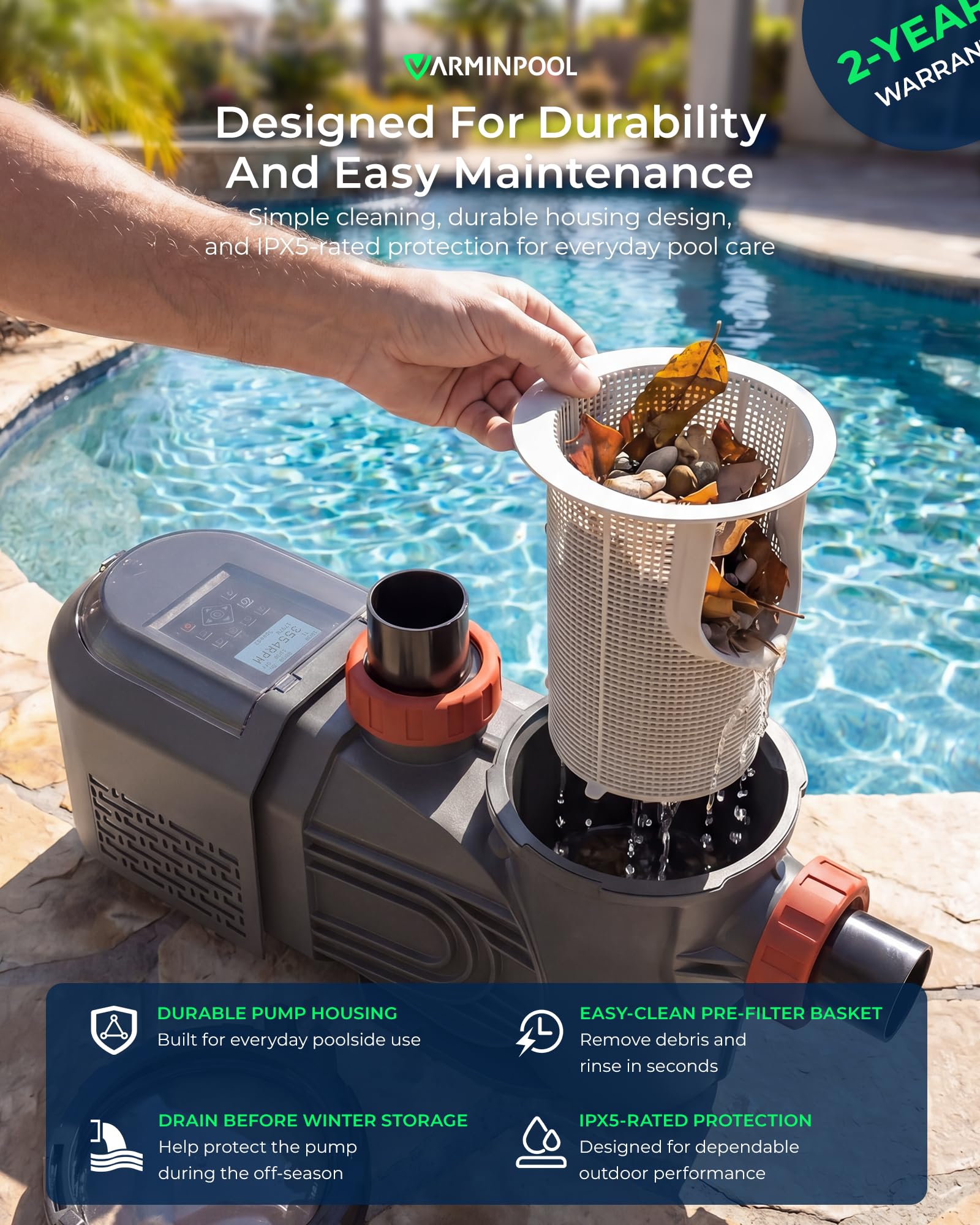Bomba de piscina de velocidad variable 3.0HP, bomba de bajo consumo en el suelo de 220-240 V, ultra silenciosa, 11359 GPH, control de temporizador inteligente, cabeza de 80 pies, puerto